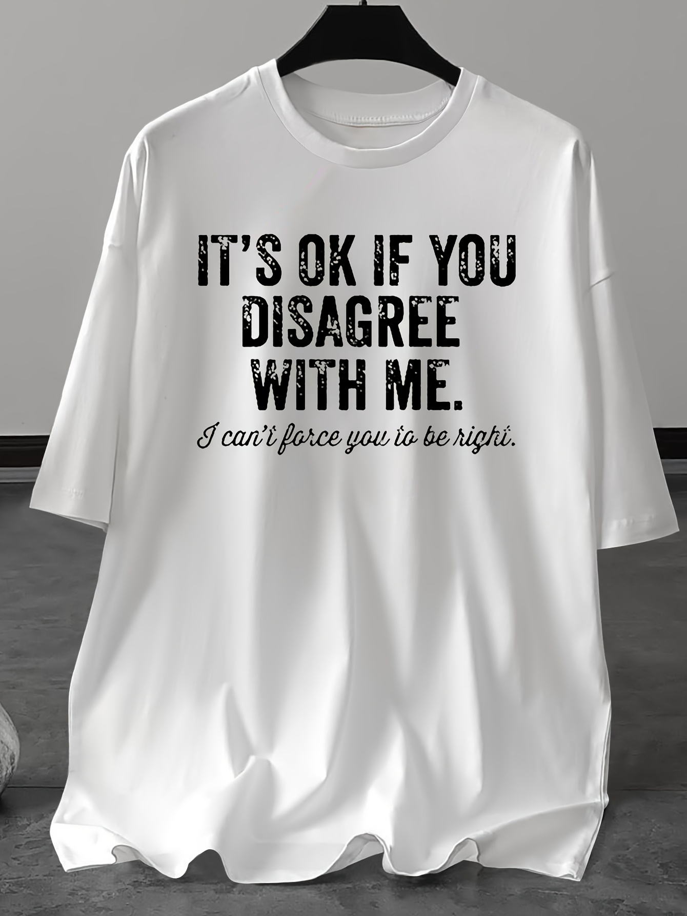 Men's Plus Size Casual T-Shirt - 'It's OK If You Disagree with Me' Funny Quote Tee |   White Round Neck Short Sleeve Shirt |   Bold Black Text Print, Regular Fit, Soft Fabric, Comfortable Everyday Wear, Summer Top, Plus Size