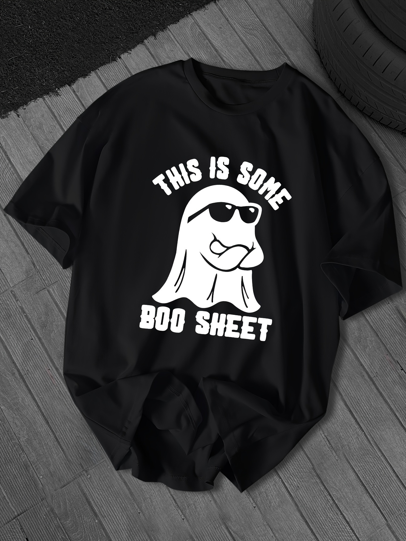 Plus Size Casual Ghost Print Crew Neck T-Shirt for Men - 100% Polyester Fabric with Slight Stretch, Regular Fit, Knit Short-Sleeve Tee with Cartoon Graphic & Alphabet Pattern for Spring/Summer/Fall