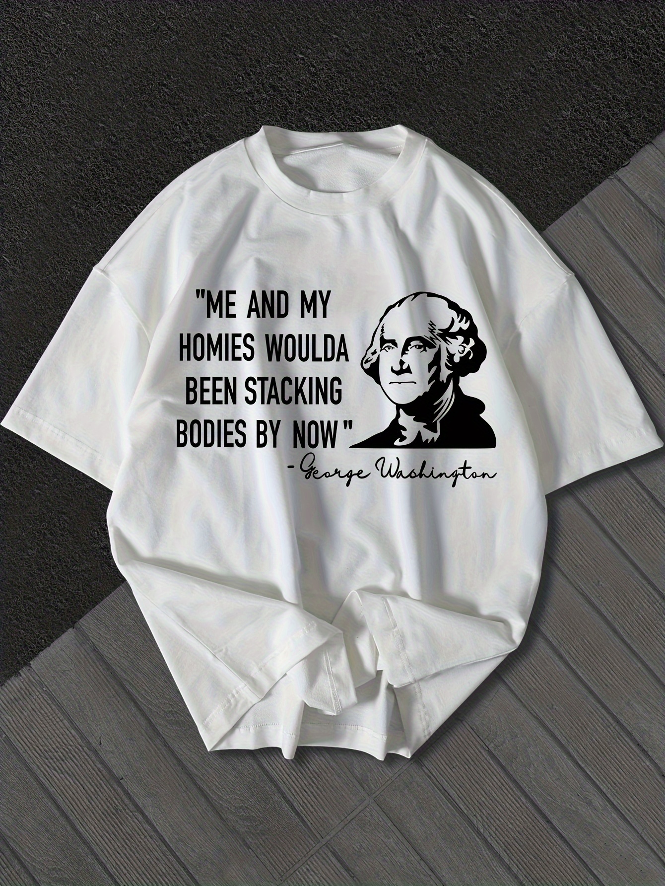 Men's Plus Size Crew Neck T-Shirt, Casual Short Sleeve, Polyester, George Washington Quote Print, Lettering & Portrait Graphic, Regular Fit, All-Season, Adult Men's Fashion Top