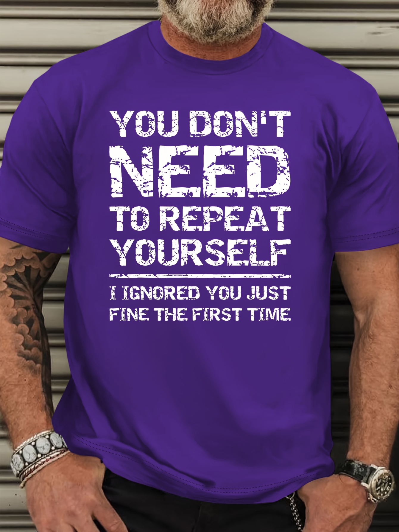Plus Size Men's Casual Crew Neck T-Shirt, Polyester Knit Fabric with Slight Stretch, Regular Fit, Alphabet Pattern, with Slogan 'You Don't Need to Repeat Yourself I Ignored You Just Fine the First Time' for Summer Tee