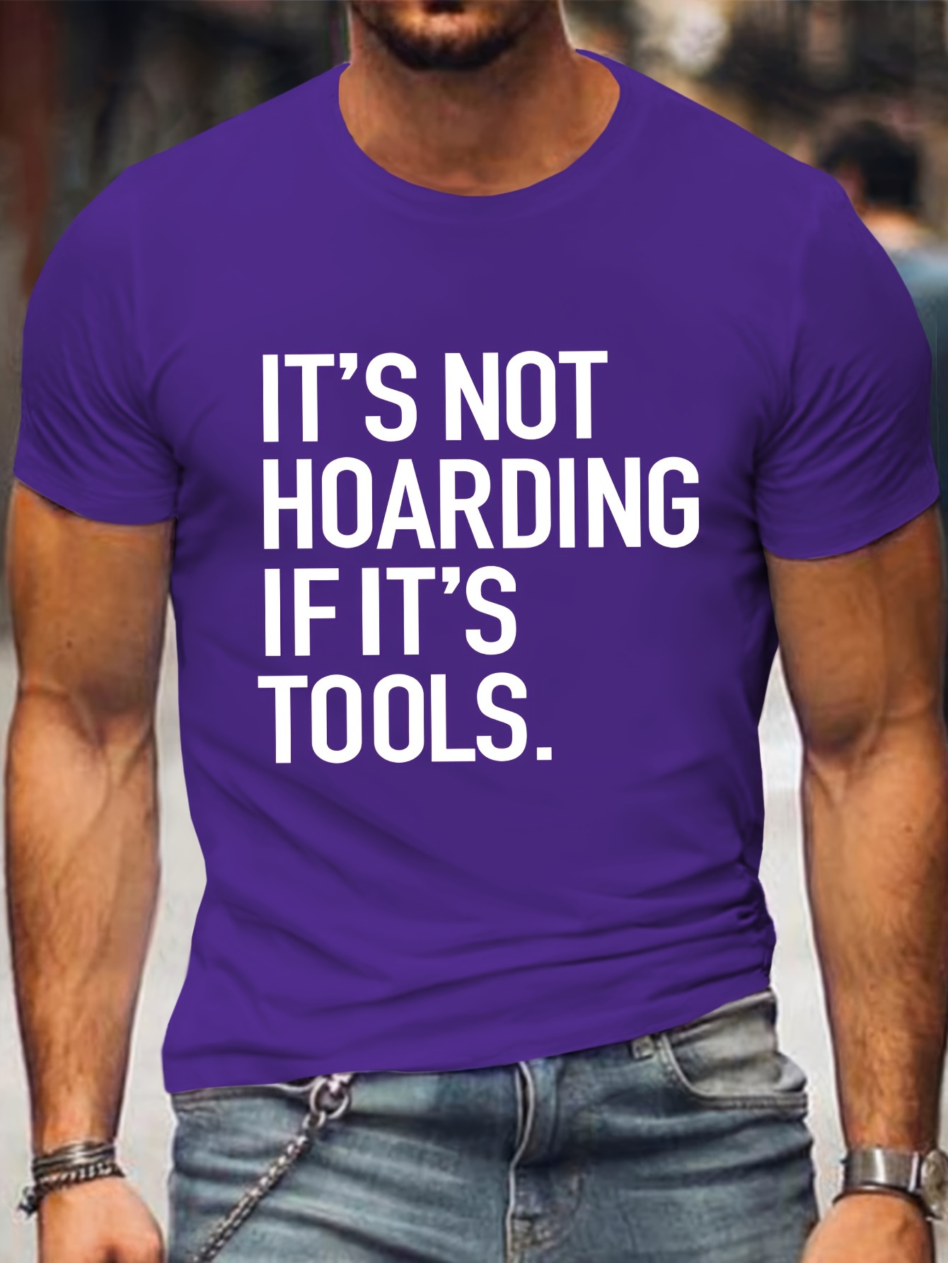 Plus Size Men's Casual Crew Neck T-Shirt with Slogan - 100% Polyester Knit Fabric, Medium Stretch, Short Sleeve Tee for All Seasons