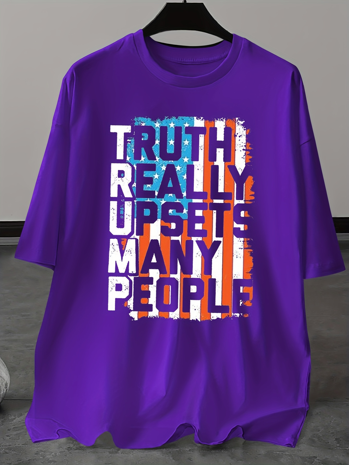 Men's Oversized T-Shirt with Bold Orange & TRUTH REALLY UPSETS MANY PEOPLE Graphic Print - Casual Round Neck Short Sleeve Summer Tee, Plus Size, Machine Washable