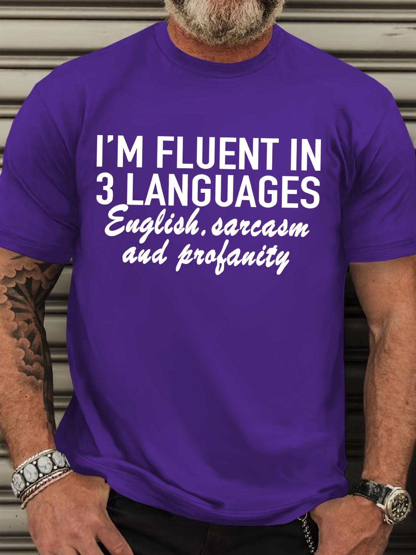 Plus Size Men's Casual Crew Neck T-Shirt with 'I'M FLUENT IN 3 LANGUAGES - English, Sarcasm, and Profanity' Slogan Print, 100% Polyester, Slight Stretch Knit Fabric for Spring/Summer/Fall - Regular Fit Adult Tee