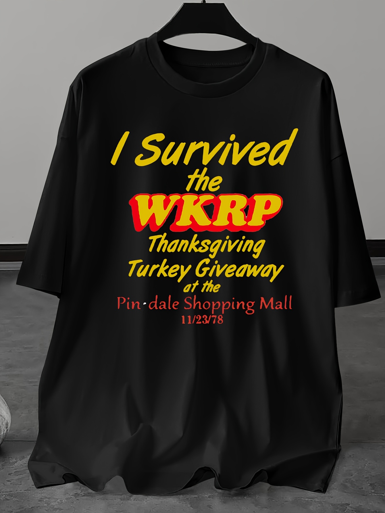Plus Size Men's Casual Crew Neck T-Shirt, Polyester Knit Fabric with Slight Stretch, Regular Fit, Alphabet Pattern, with 'I Survived the WKRP Thanksgiving Turkey Giveaway' Graphic, for Summer Tee