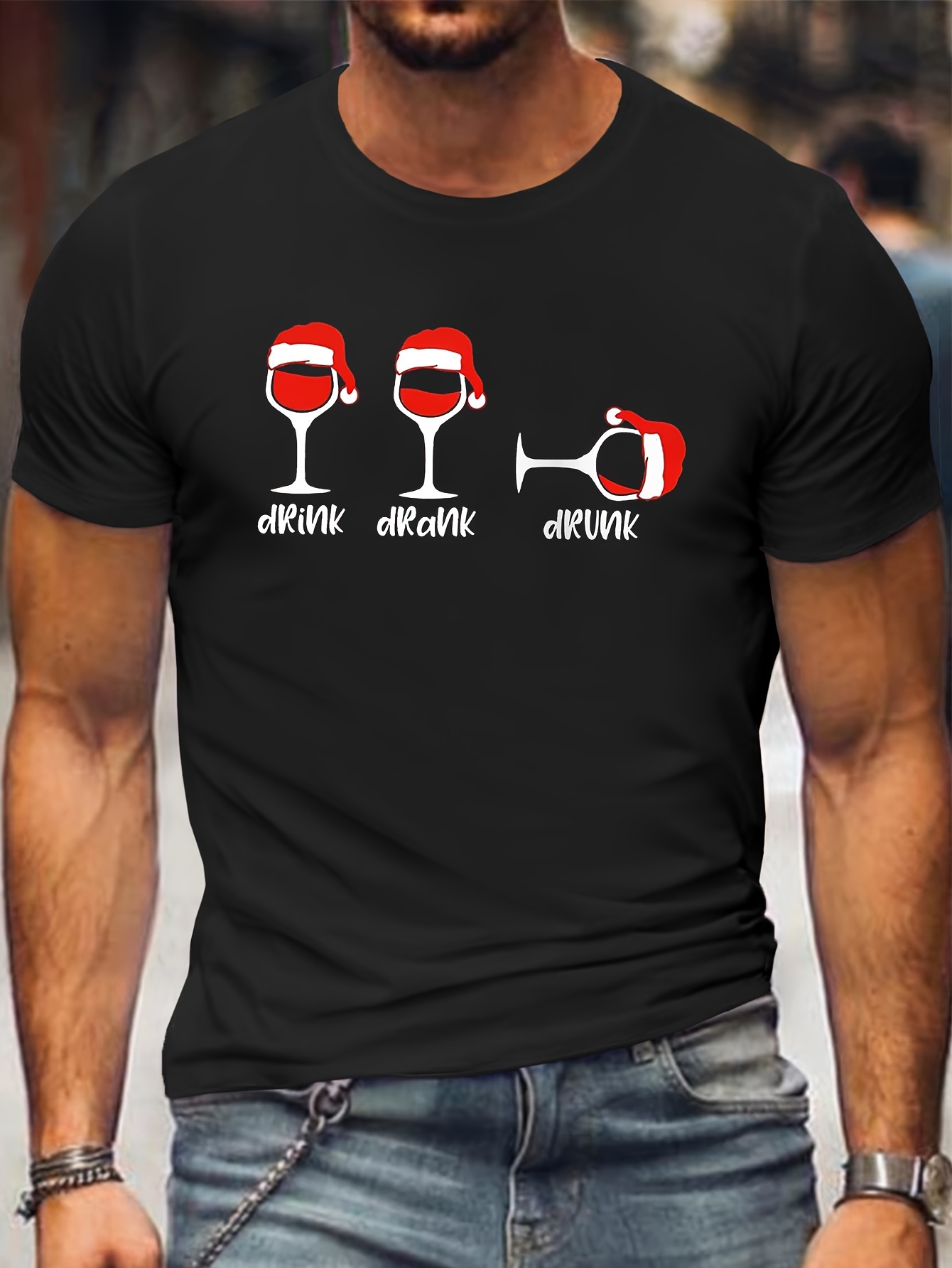 Mens Plus Size Casual Christmas Hat Print T-Shirt - Soft Polyester, Crew Neck, Short Sleeve, Machine Washable - Perfect for Spring/Summer/Fall, Plus Size