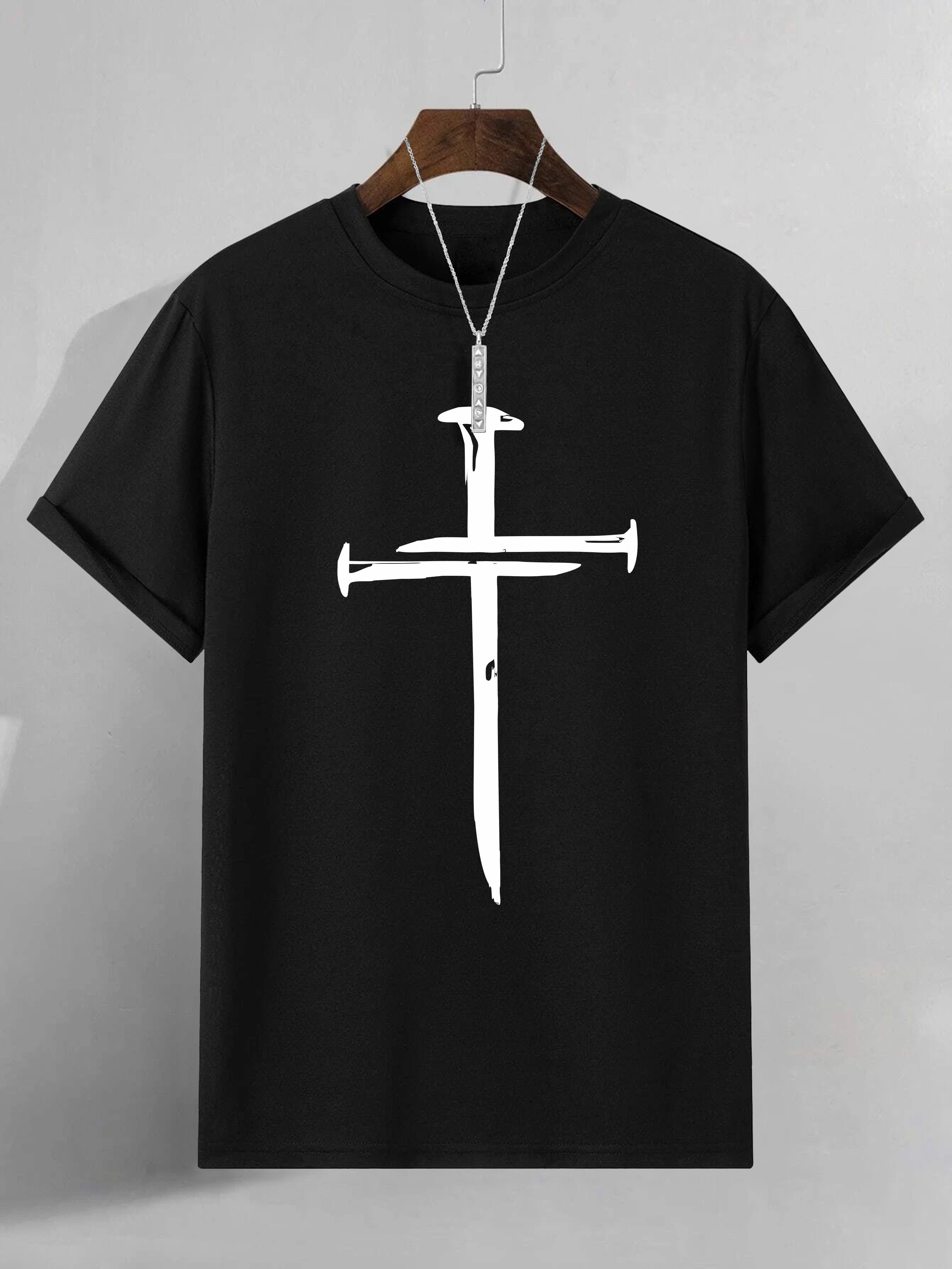 Men's Casual Crew Neck T-Shirt with Unique Cross Print, 100% Polyester Knit Fabric, Medium Stretch, All-Season Short Sleeve Tee, Regular Fit - 180gsm, Plus Size