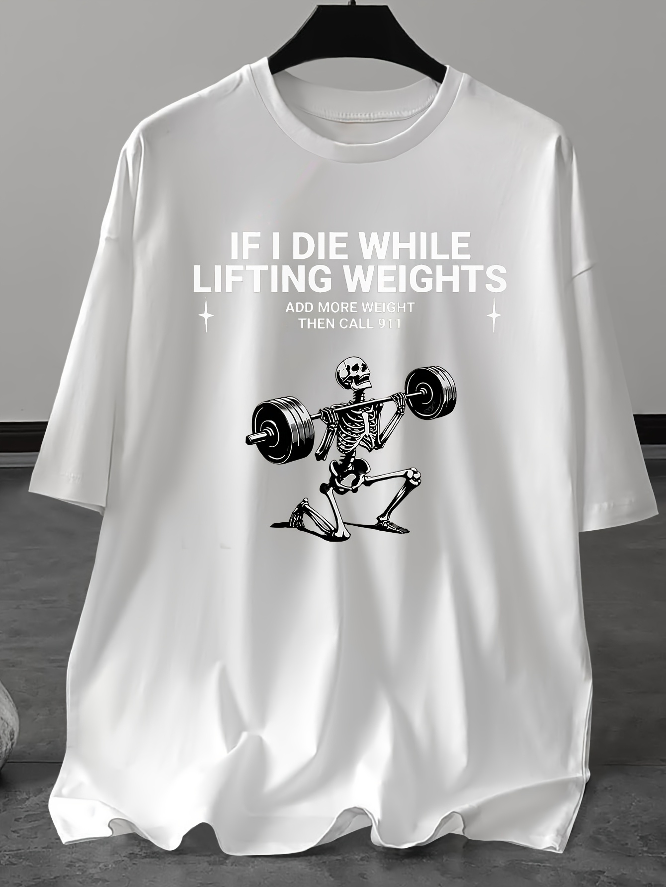 Plus Size Men's Casual Crew Neck T-Shirt - Polyester Knit Fabric with Slight Stretch, Regular Fit, Humorous Weightlifting Slogan - For Summer - Perfect for Men Who Love Fitness & Humor