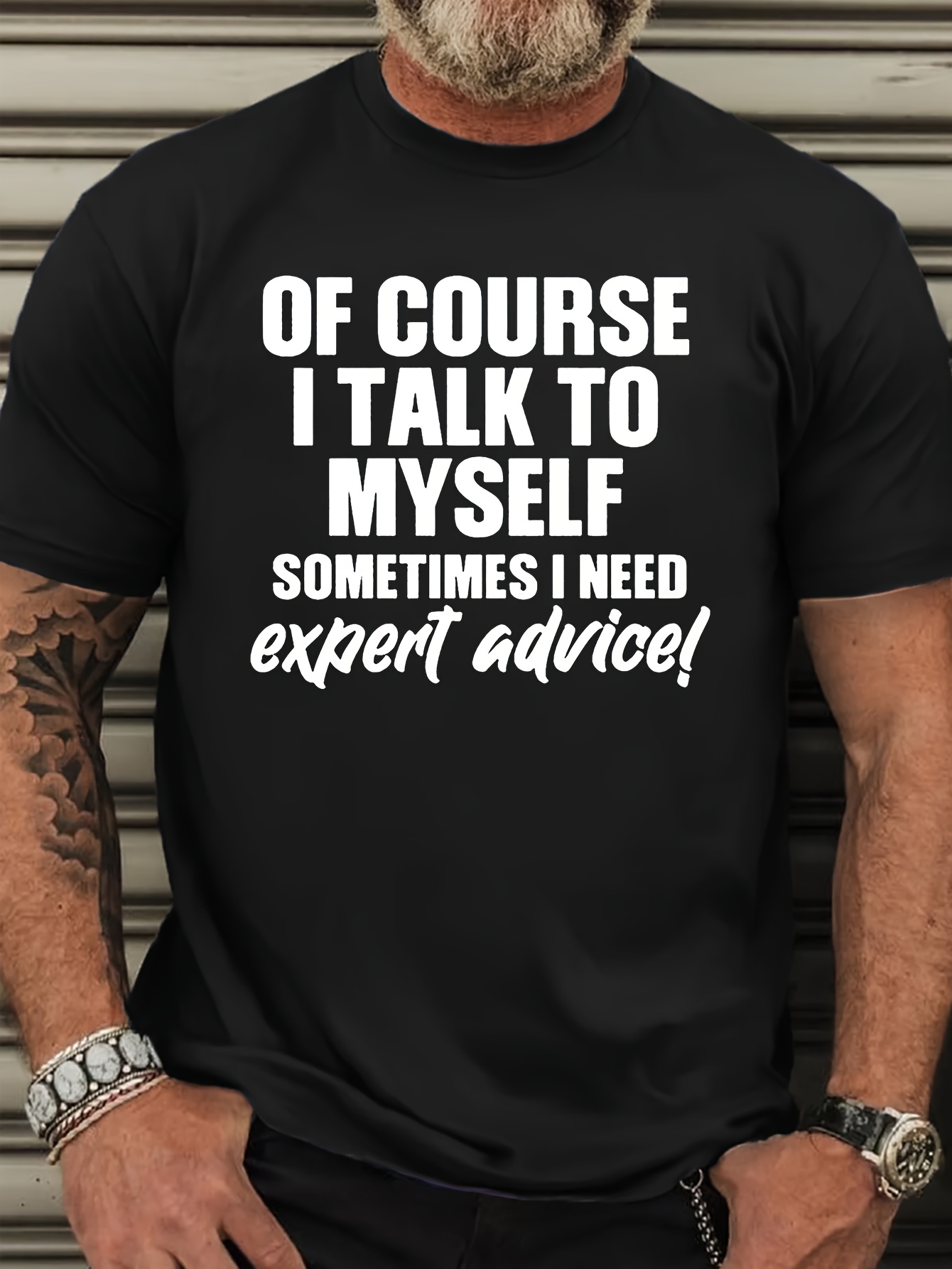 Plus Size Men's 'OF COURSE I TALK TO MYSELF...' Graphic Tee - Casual Round Neck Short Sleeve T-Shirt, Breathable Polyester, Machine Washable, Plus Size