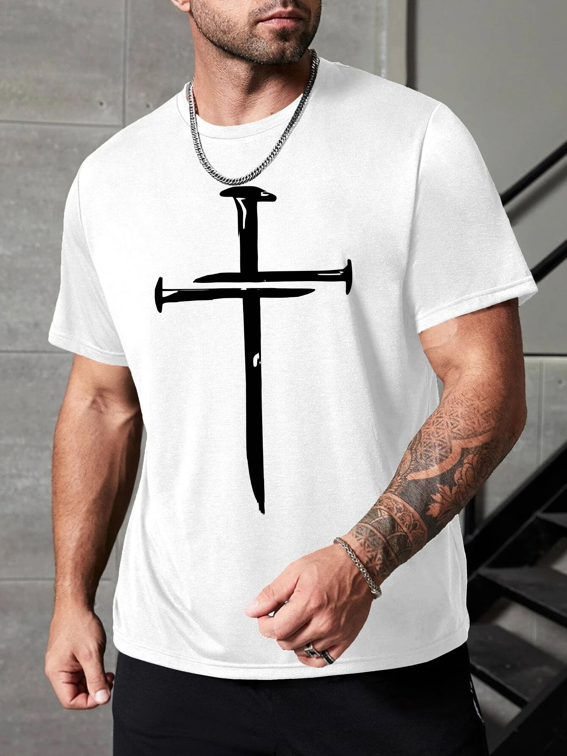 Men's Casual Crew Neck T-Shirt with Unique Cross Print, 100% Polyester Knit Fabric, Medium Stretch, All-Season Short Sleeve Tee, Regular Fit - 180gsm, Plus Size