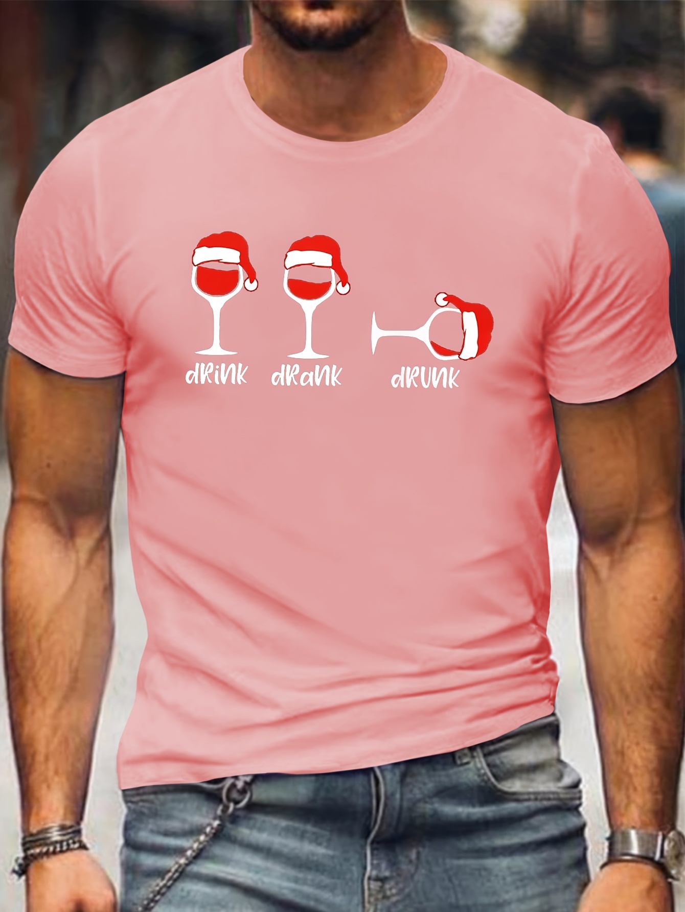 Mens Plus Size Casual Christmas Hat Print T-Shirt - Soft Polyester, Crew Neck, Short Sleeve, Machine Washable - Perfect for Spring/Summer/Fall, Plus Size