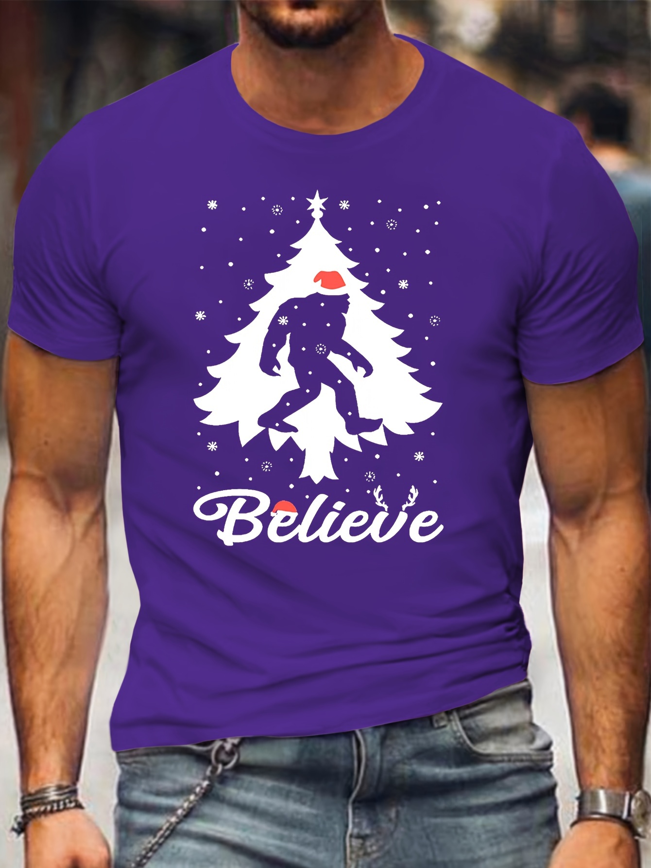 Men's Christmas Tree & Santa Slogan T-Shirt - Plus Size - Polyester Crew Neck Short Sleeve Casual Tee with Slight Stretch - Spring/Summer/Fall Knit Fabric Top - For Men - Perfect Gift for Christmas