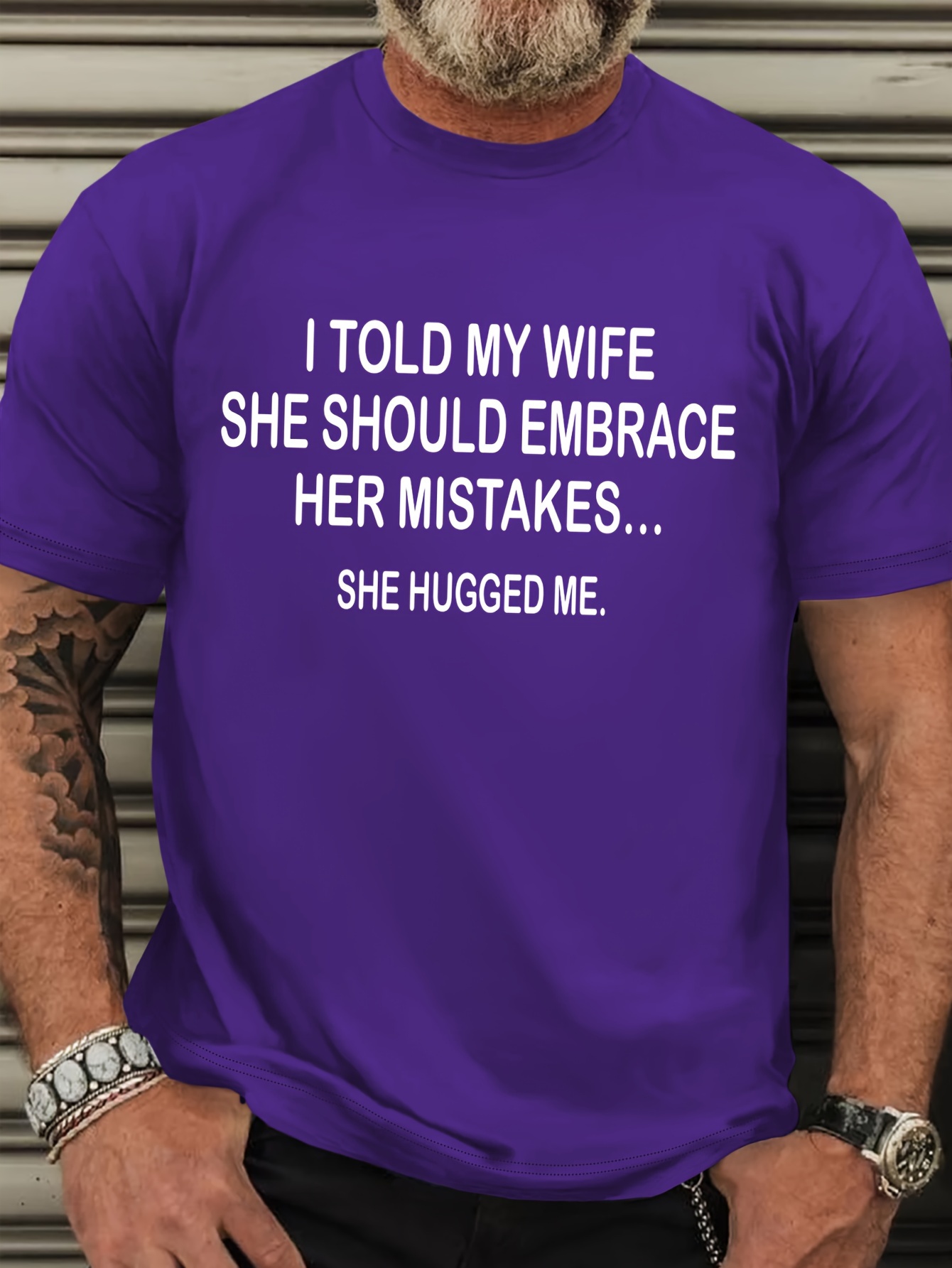 1 Told My Wife Print Men's Plus Size Short Sleeve Crew Neck Comfy T-Shirt, Casual Stylish Versatile Top