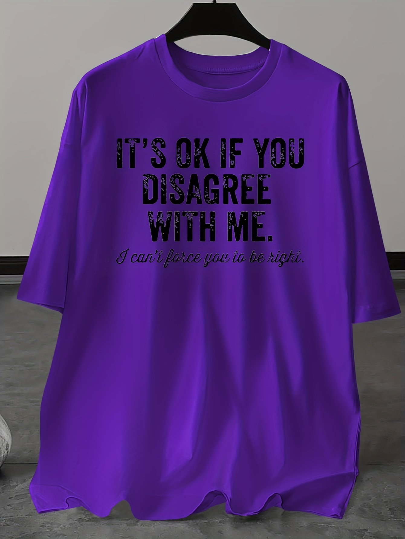 Men's Plus Size Casual T-Shirt - 'It's OK If You Disagree with Me' Funny Quote Tee |   White Round Neck Short Sleeve Shirt |   Bold Black Text Print, Regular Fit, Soft Fabric, Comfortable Everyday Wear, Summer Top, Plus Size