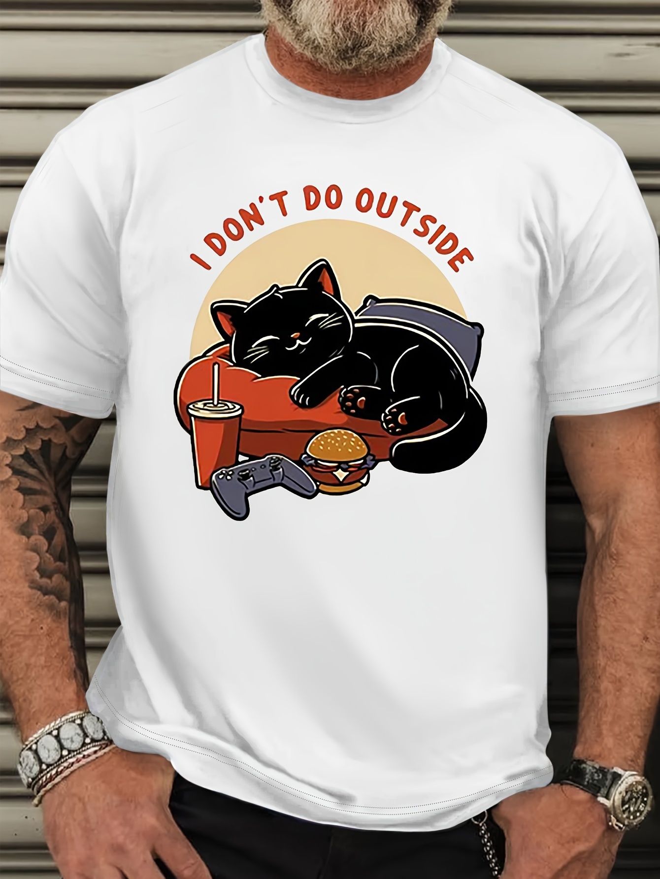 1 don't do outside cute sleeping cat graphic print, men's plus size casual crew neck short sleeve t-shirt, trendy comfy clothing for daily wear & outdoor activities