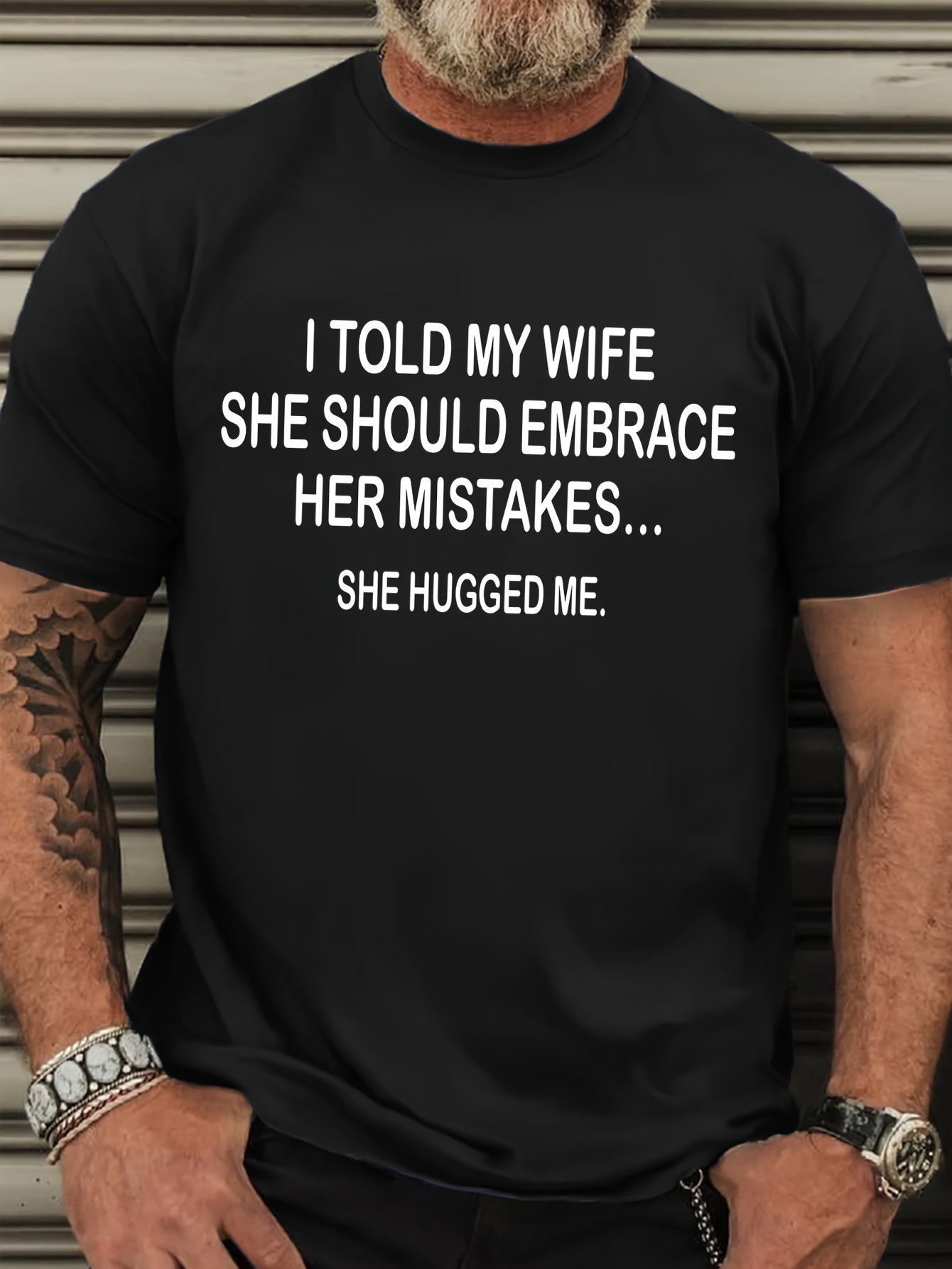 1 Told My Wife Print Men's Plus Size Short Sleeve Crew Neck Comfy T-Shirt, Casual Stylish Versatile Top