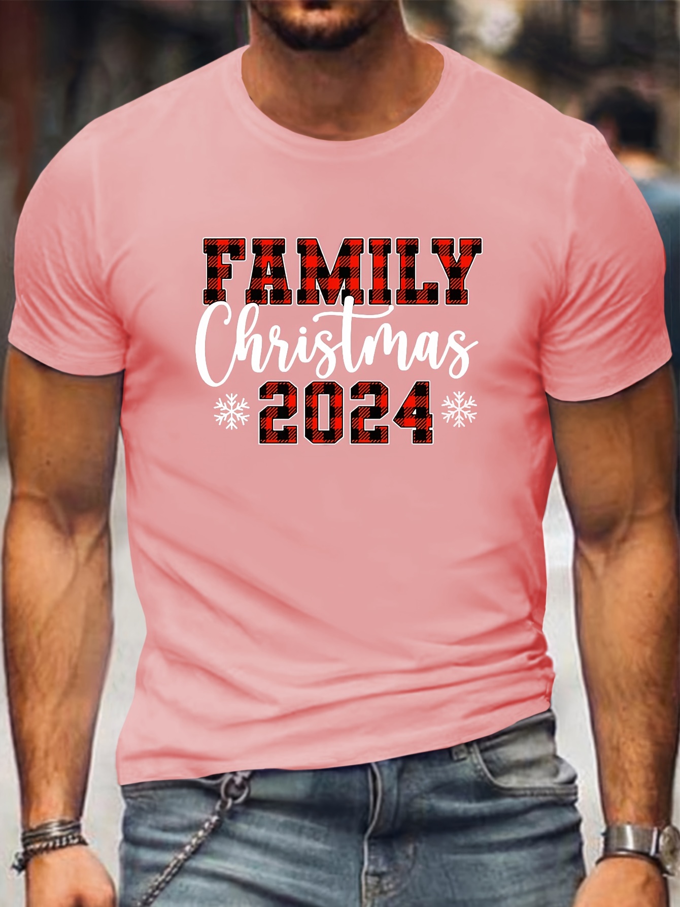 Plus Size Men's Family Christmas 2024 Graphic Print T-shirt, Casual Short Sleeve Crew Neck Tee, Men's Clothing For Summer Outdoor