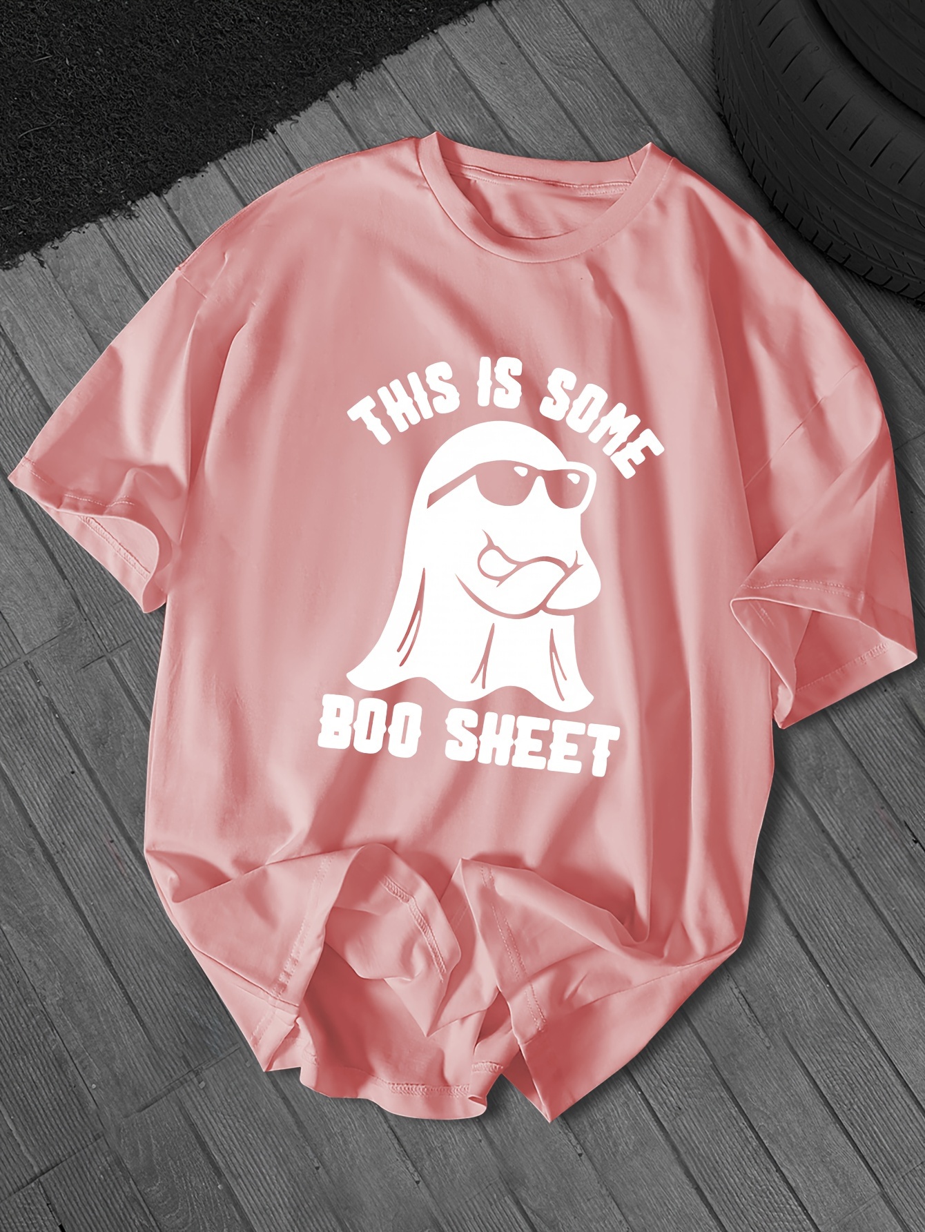 Plus Size Casual Ghost Print Crew Neck T-Shirt for Men - 100% Polyester Fabric with Slight Stretch, Regular Fit, Knit Short-Sleeve Tee with Cartoon Graphic & Alphabet Pattern for Spring/Summer/Fall