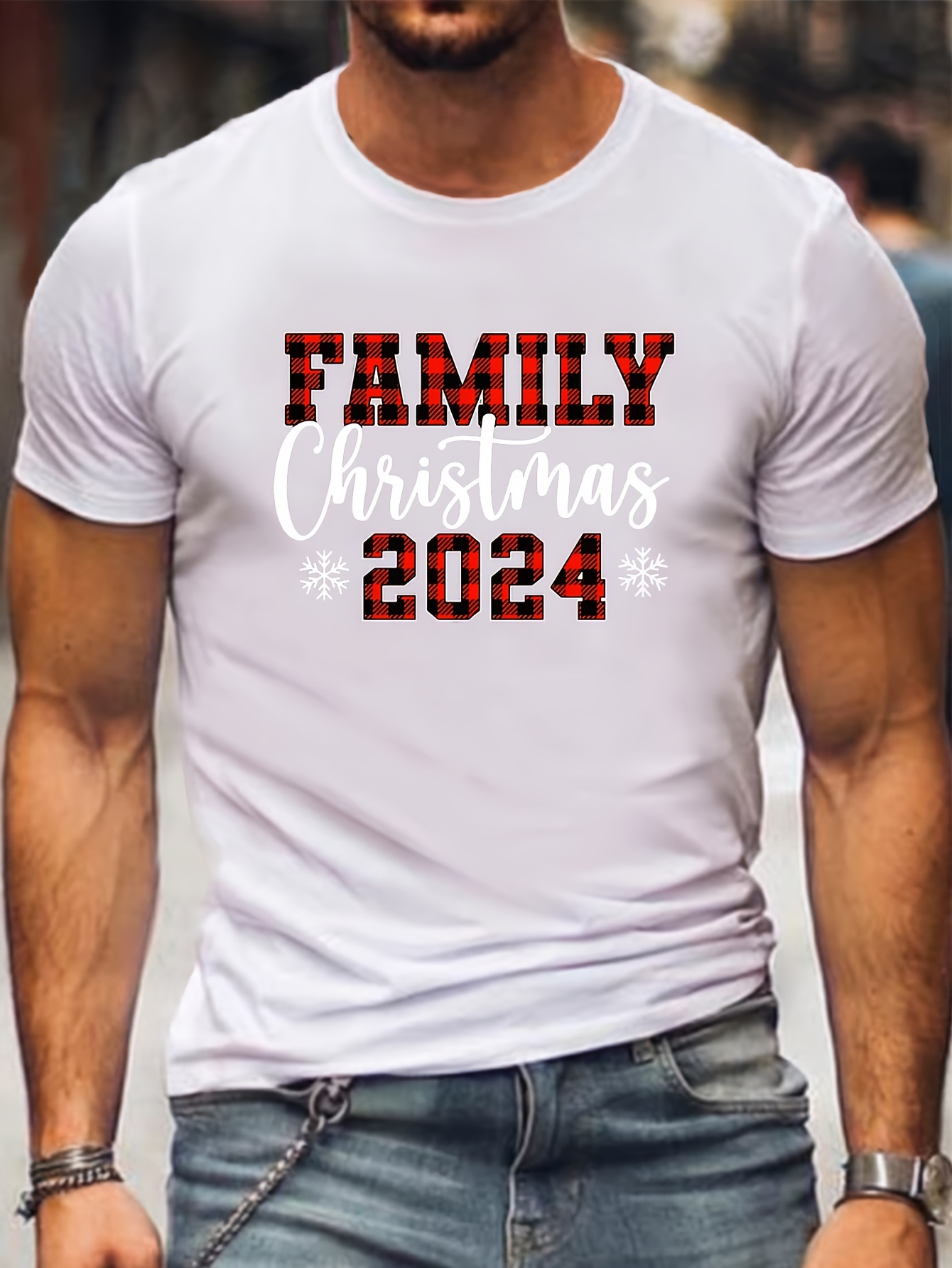 Plus Size Men's Family Christmas 2024 Graphic Print T-shirt, Casual Short Sleeve Crew Neck Tee, Men's Clothing For Summer Outdoor
