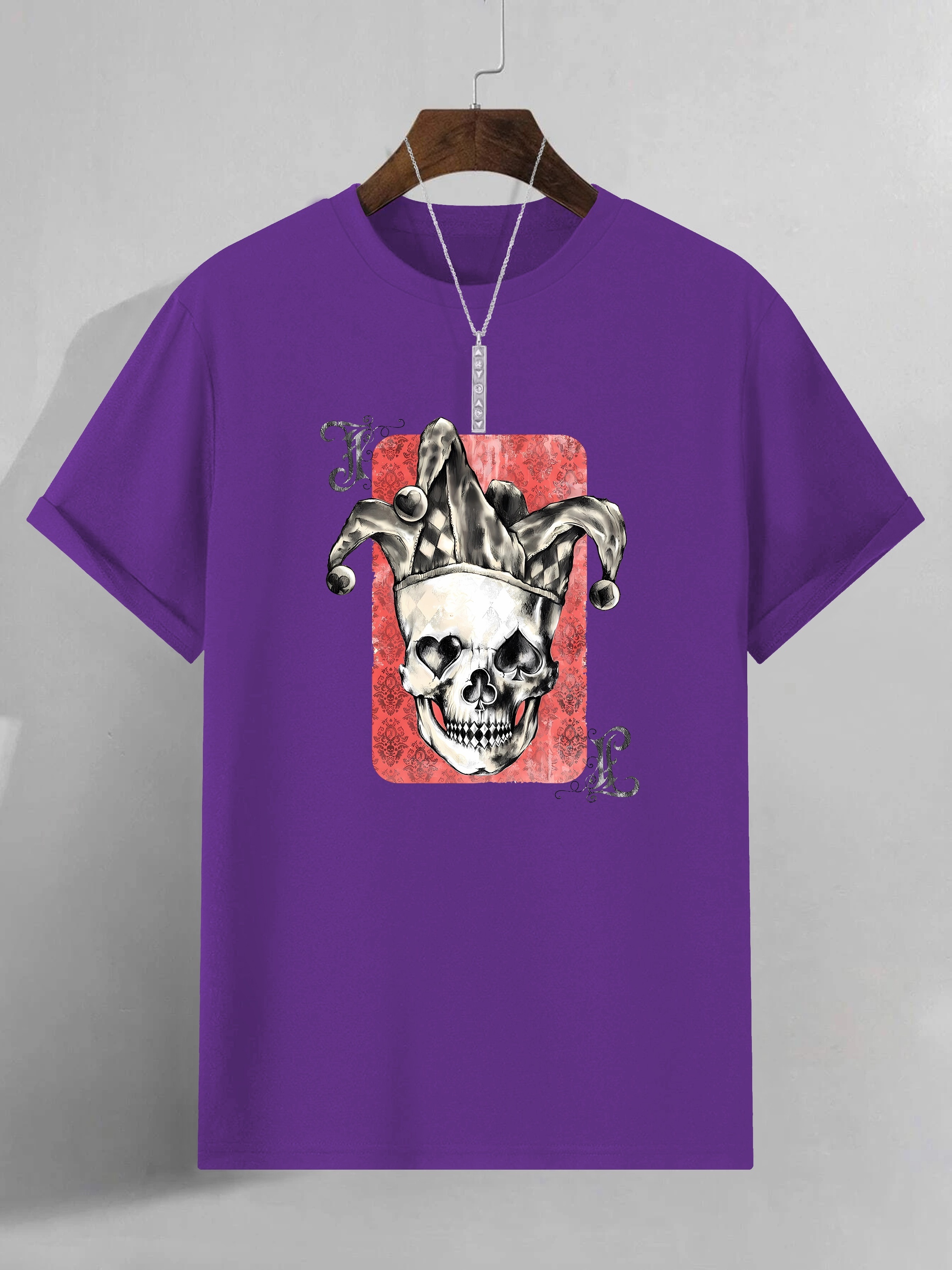 Men's Plus Size King of Hearts Jester Card T-Shirt - Black & Red Gothic Skull & Jester Hat Print, Streetwear Short Sleeve Round Neck Casual Tee for Spring Summer Fall, Joker-Inspired Outfit, PLUS SIZE