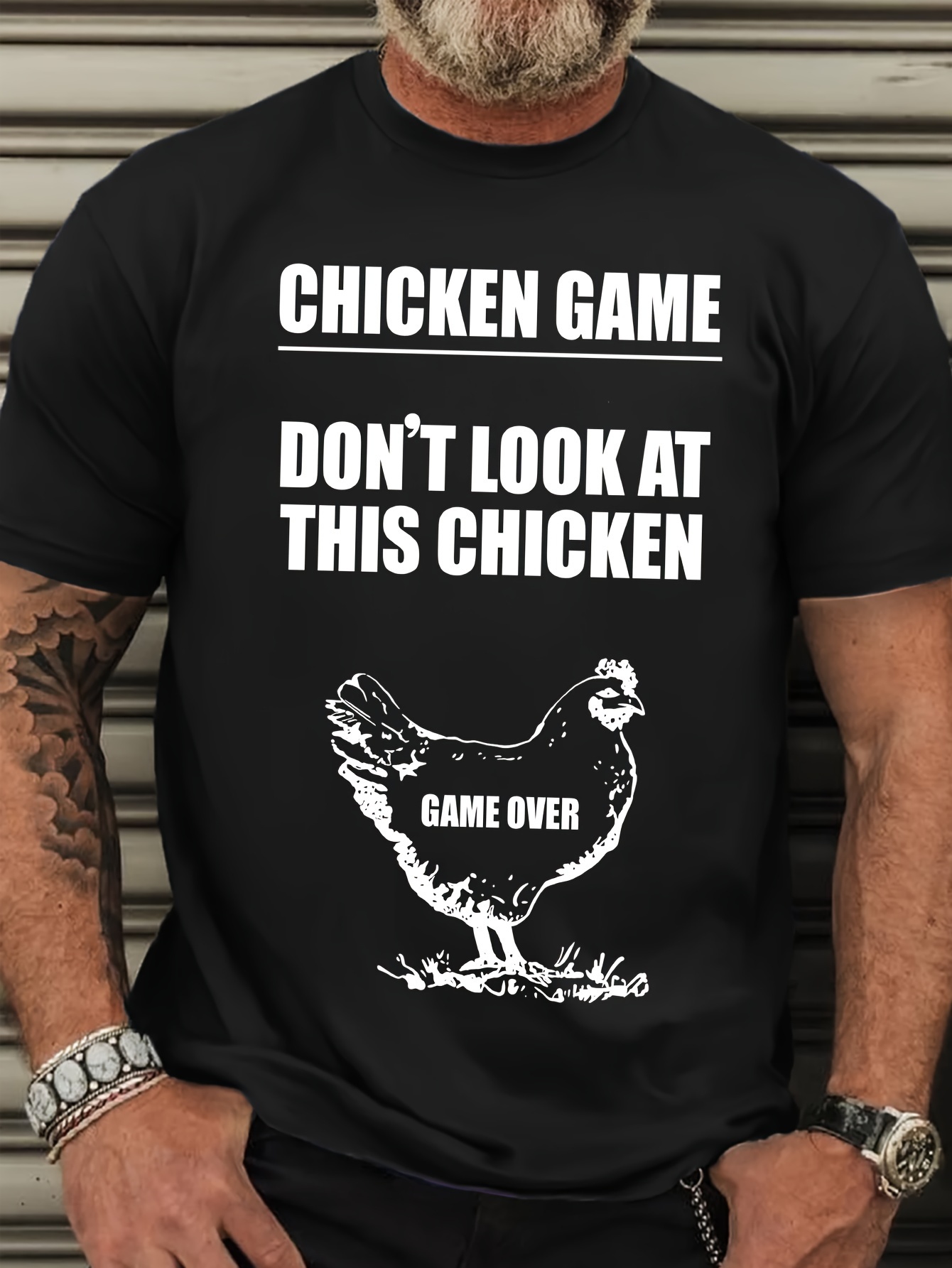 Plus Size Men's Casual T-Shirt - Breathable Polyester, Round Neck, Short Sleeve, 'Chicken Game, Don't Look At This Chicken' Slogan - Perfect for Spring/Summer/Fall - For Men - Ideal Gift for Humor Lovers