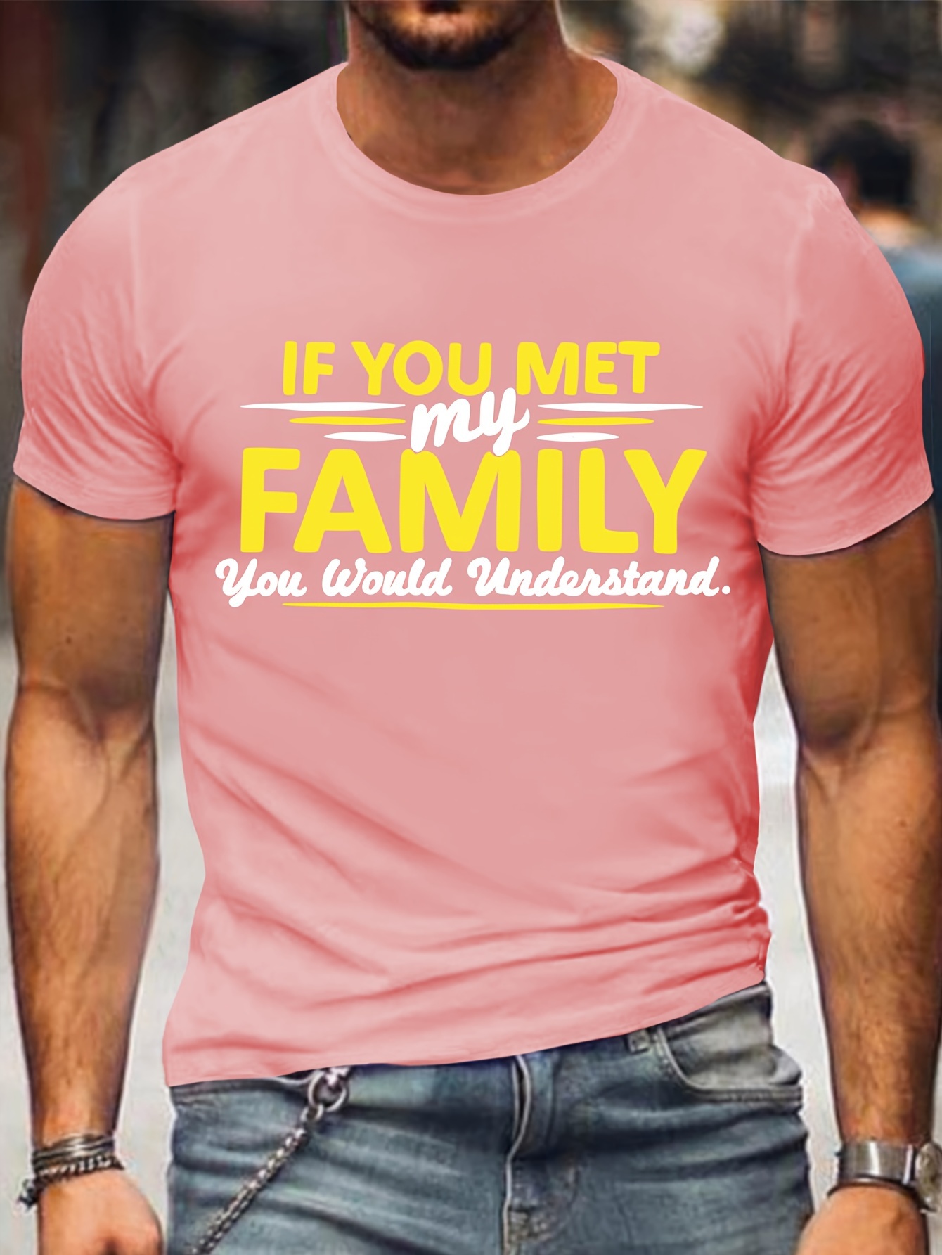 Men's Plus Size Casual Short Sleeve T-Shirt with Bold 'If You Met My Family You Would Understand' Graphic Print - Black with Yellow Lettering, Round Neck, Summer Comfort Fit, Relaxed Fit Tee, Sporty Style Tee, Comfortable Fabric, PLUS SIZE