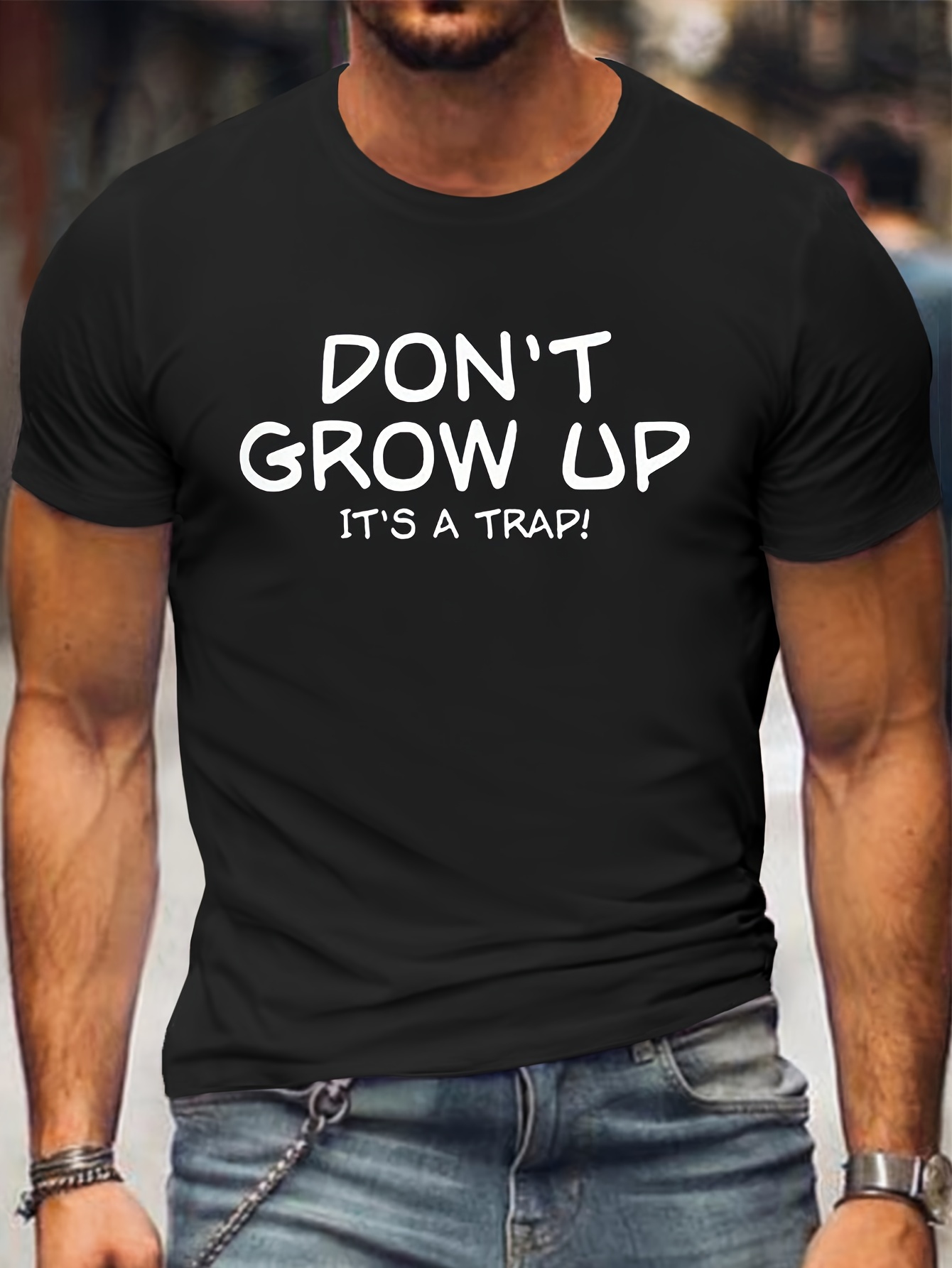 Plus Size Men's 'Don't Grow Up' Slogan T-Shirt - Casual Crew Neck, Short Sleeve, 100% Polyester, Machine Washable - Black with Bold White Lettering for Spring/Summer/Fall, PLUS SIZE