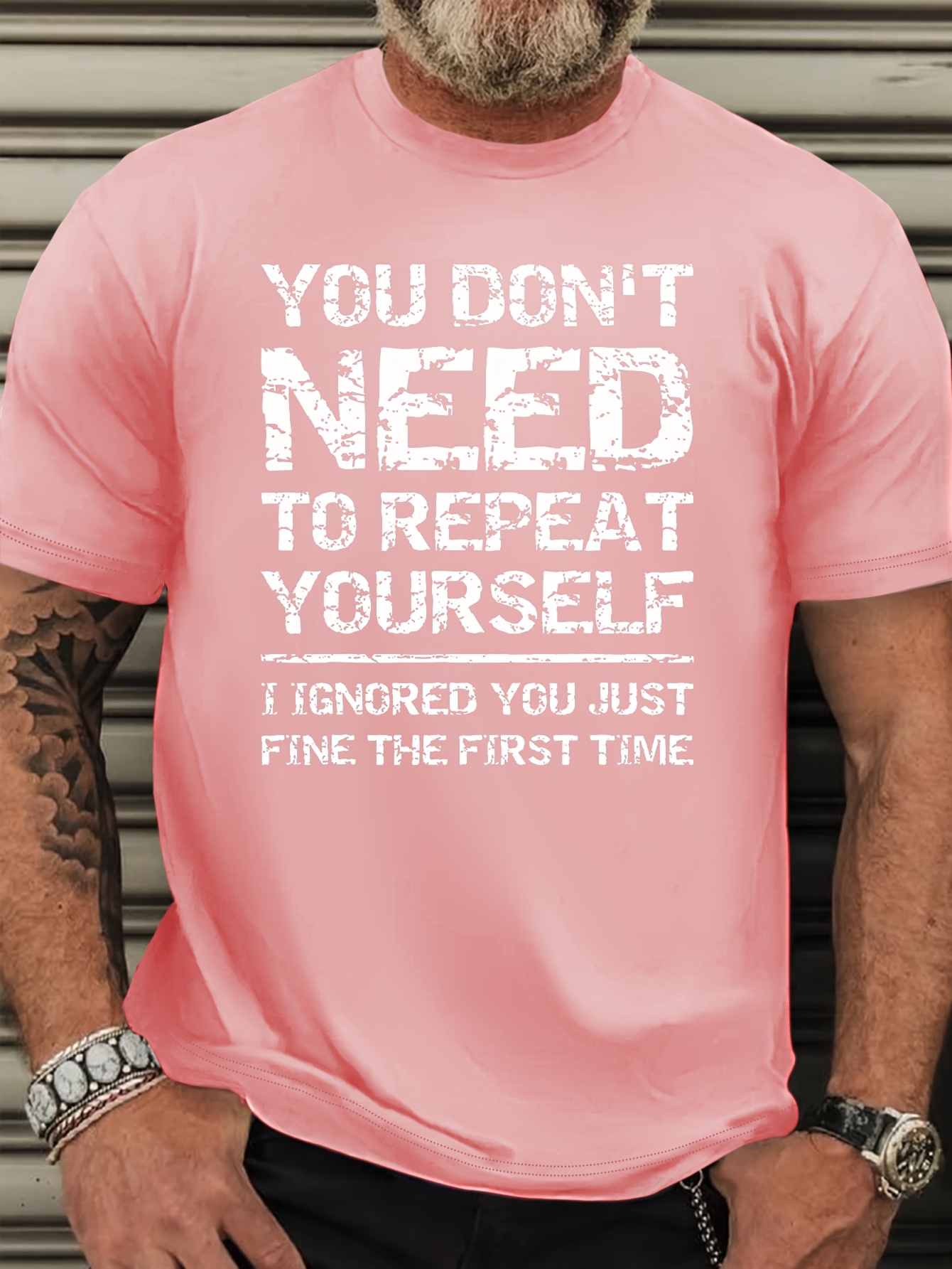 Plus Size Men's Casual Crew Neck T-Shirt, Polyester Knit Fabric with Slight Stretch, Regular Fit, Alphabet Pattern, with Slogan 'You Don't Need to Repeat Yourself I Ignored You Just Fine the First Time' for Summer Tee