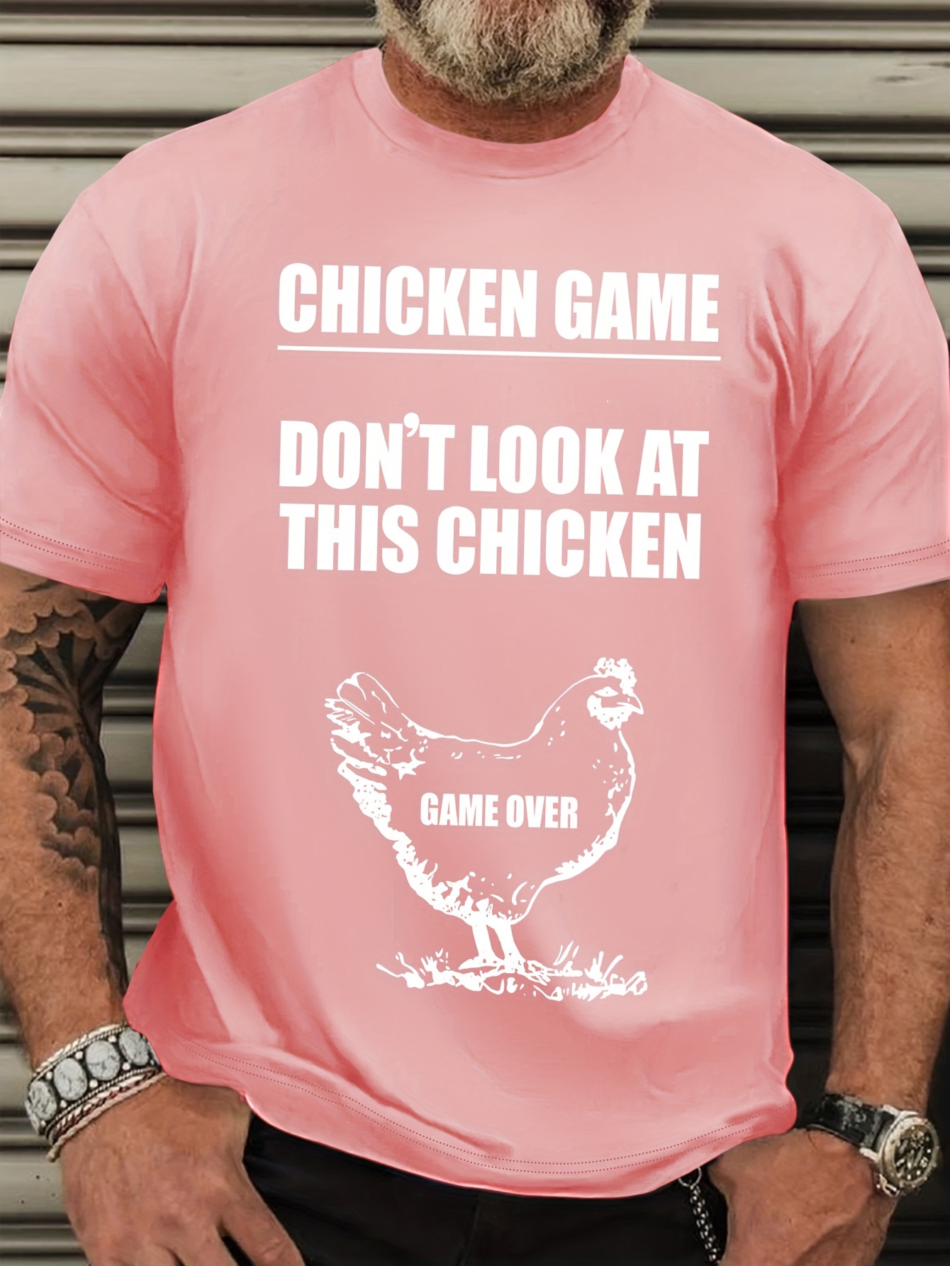 Plus Size Men's Casual T-Shirt - Breathable Polyester, Round Neck, Short Sleeve, 'Chicken Game, Don't Look At This Chicken' Slogan - Perfect for Spring/Summer/Fall - For Men - Ideal Gift for Humor Lovers