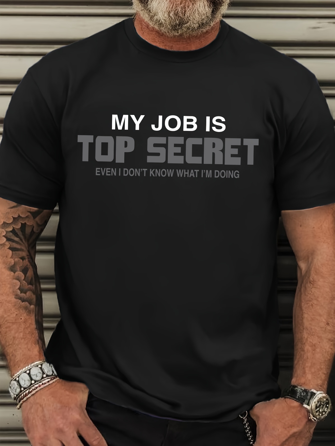 Plus Size Men's Casual T-Shirt - Humorous 'My Job Is Top Secret, Even I Don't Know What I'm Doing' Slogan - Breathable Polyester, Round Neck, Short Sleeve - For Spring/Summer/Fall - Perfect for Men - Ideal Gift for Funny Guys