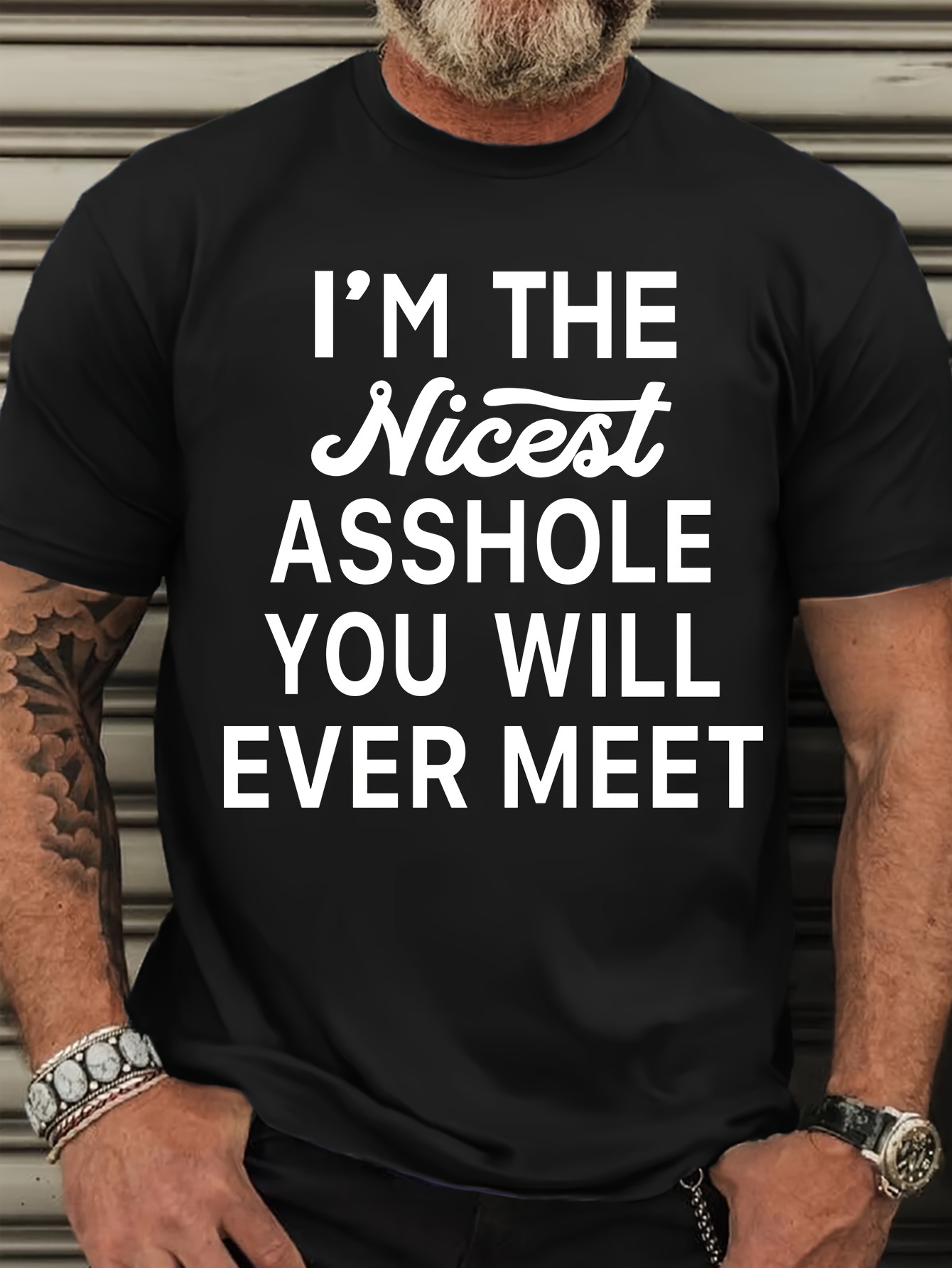 Plus Size Men's Casual Crew Neck T-Shirt with Slight Stretch, 100% Polyester Knit Fabric, Regular Fit Spring/Summer/Fall Tee with Bold Slogan Print