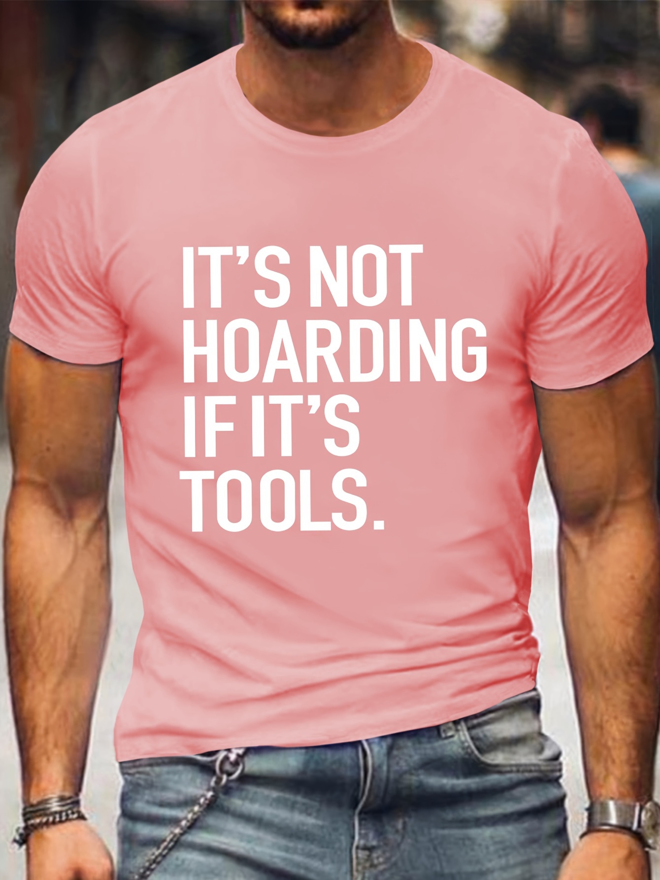 Plus Size Men's Casual Crew Neck T-Shirt with Slogan - 100% Polyester Knit Fabric, Medium Stretch, Short Sleeve Tee for All Seasons