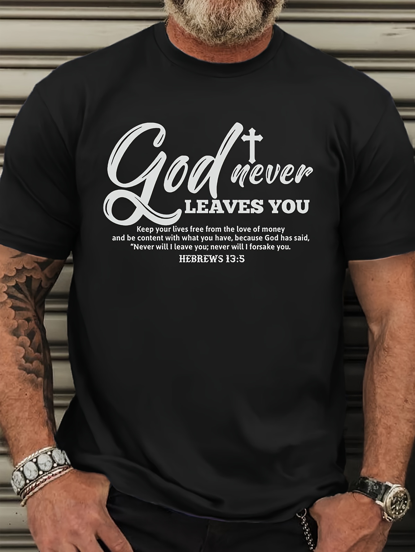 Plus Size Men's Inspirational T-Shirt, Casual Crew Neck, Polyester Knit Fabric with Slight Stretch, Summer Regular Fit, with 'God Never Leaves You' Script, for Adult Tee
