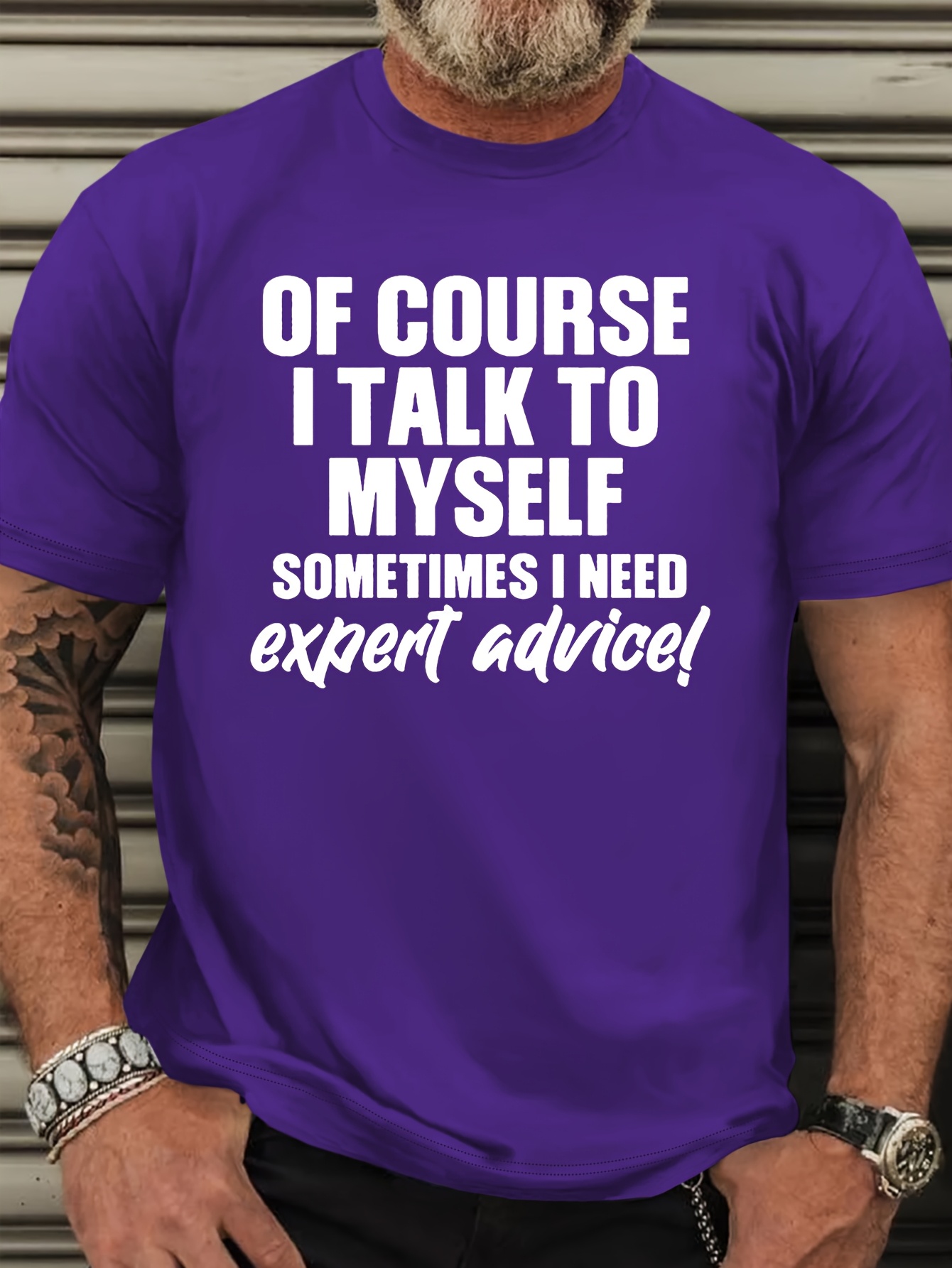 Plus Size Men's 'OF COURSE I TALK TO MYSELF...' Graphic Tee - Casual Round Neck Short Sleeve T-Shirt, Breathable Polyester, Machine Washable, Plus Size