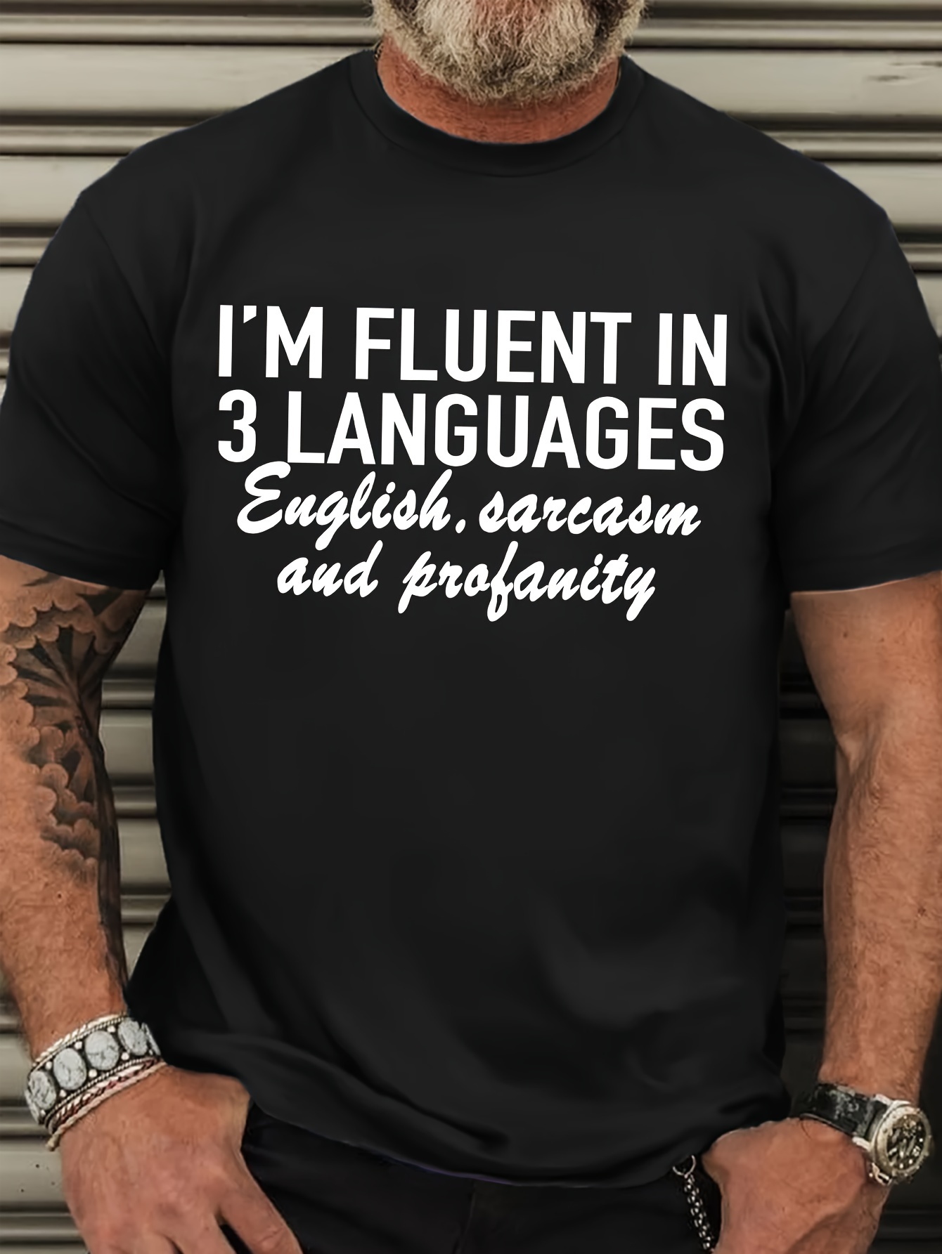 Plus Size Men's Casual Crew Neck T-Shirt with 'I'M FLUENT IN 3 LANGUAGES - English, Sarcasm, and Profanity' Slogan Print, 100% Polyester, Slight Stretch Knit Fabric for Spring/Summer/Fall - Regular Fit Adult Tee