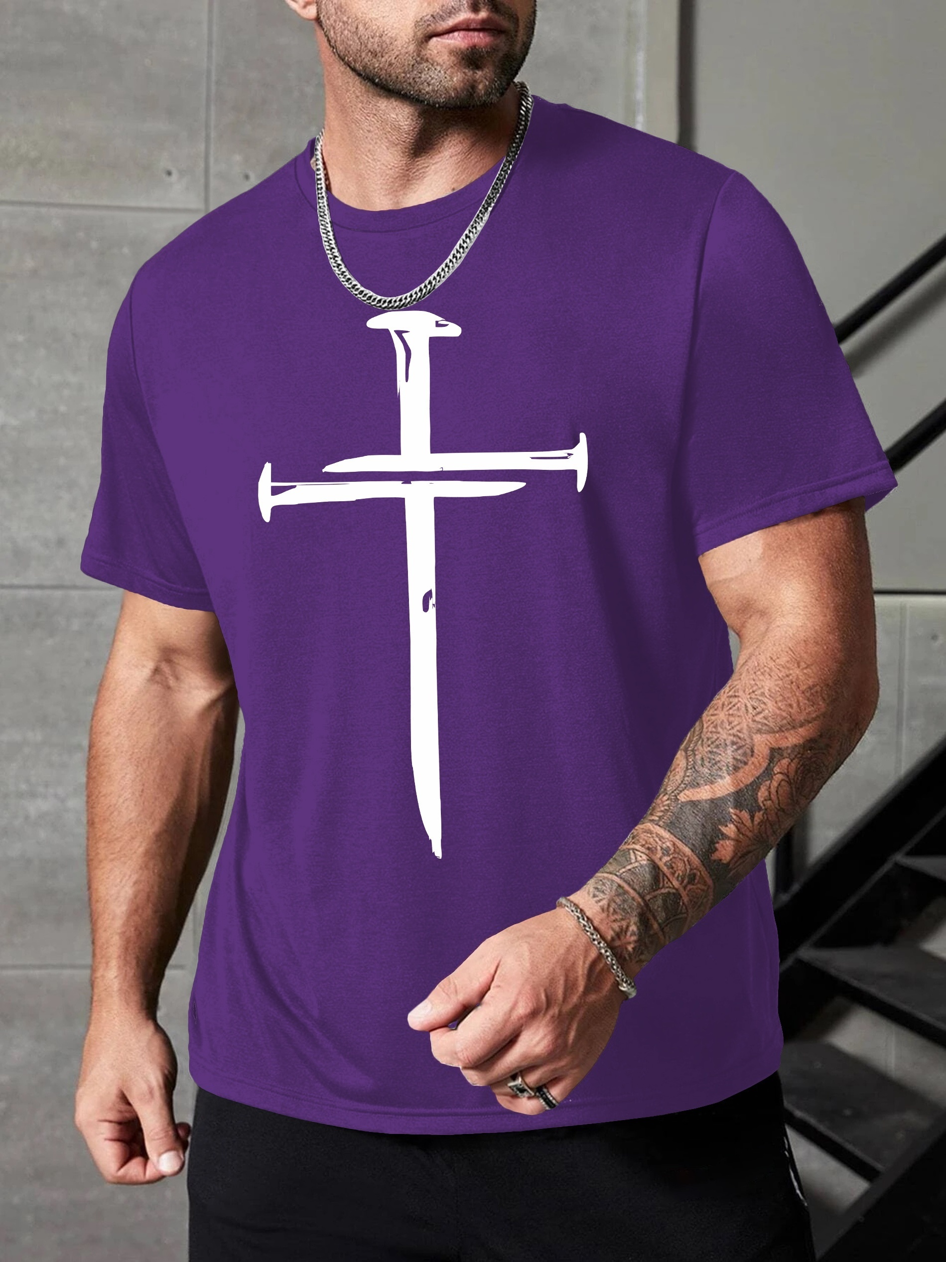 Men's Casual Crew Neck T-Shirt with Unique Cross Print, 100% Polyester Knit Fabric, Medium Stretch, All-Season Short Sleeve Tee, Regular Fit - 180gsm, Plus Size