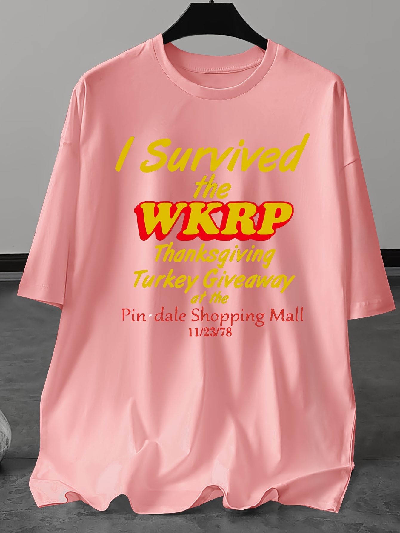 Plus Size Men's Casual Crew Neck T-Shirt, Polyester Knit Fabric with Slight Stretch, Regular Fit, Alphabet Pattern, with 'I Survived the WKRP Thanksgiving Turkey Giveaway' Graphic, for Summer Tee