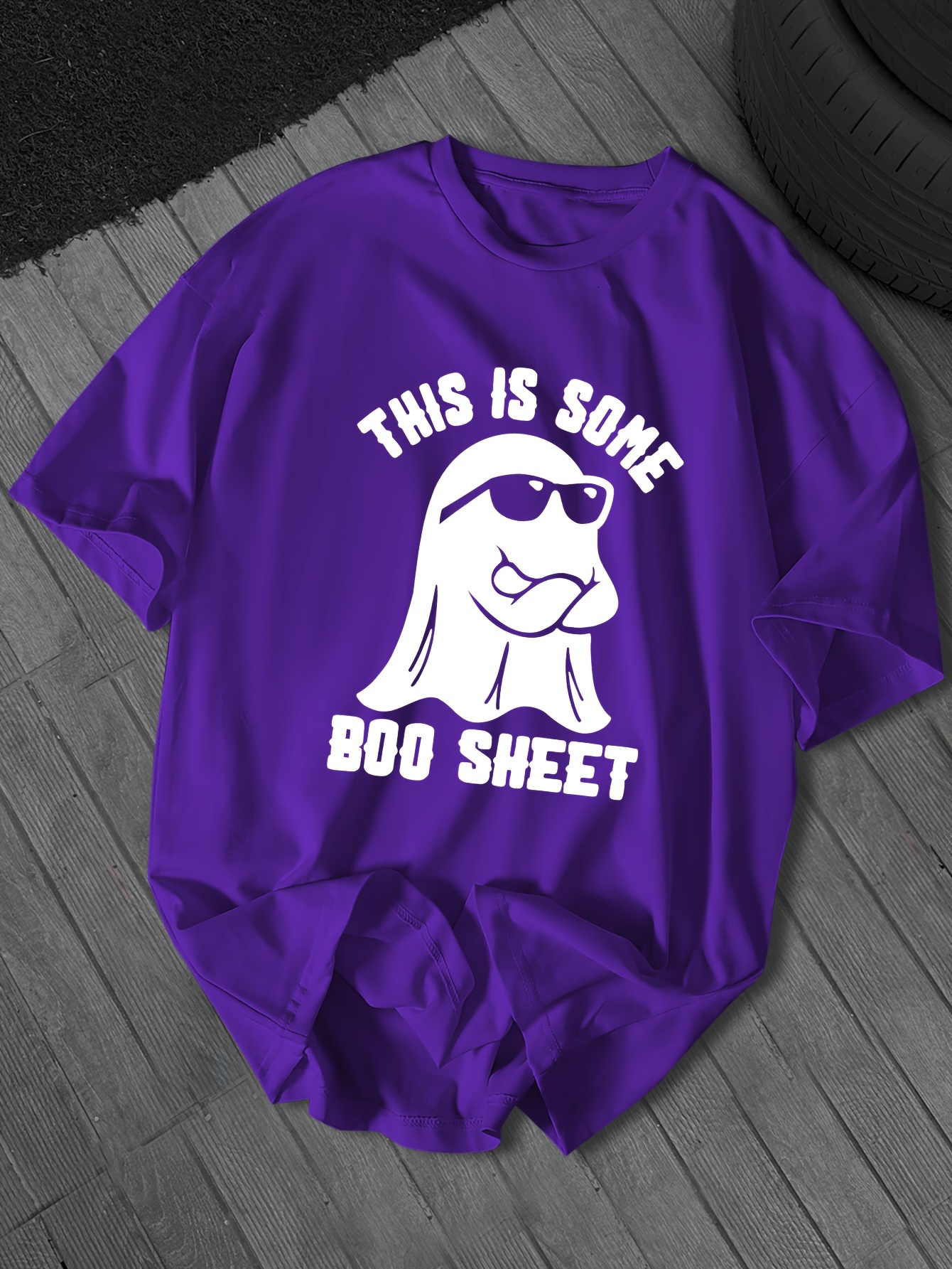 Plus Size Casual Ghost Print Crew Neck T-Shirt for Men - 100% Polyester Fabric with Slight Stretch, Regular Fit, Knit Short-Sleeve Tee with Cartoon Graphic & Alphabet Pattern for Spring/Summer/Fall