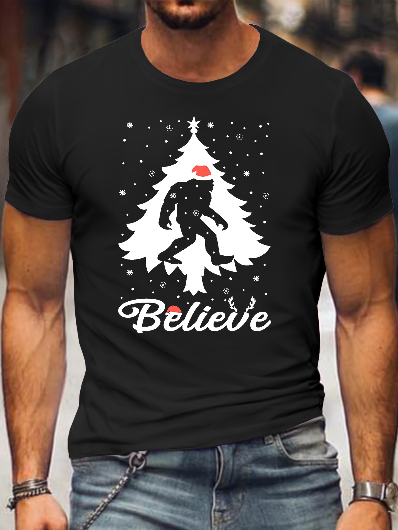 Men's Christmas Tree & Santa Slogan T-Shirt - Plus Size - Polyester Crew Neck Short Sleeve Casual Tee with Slight Stretch - Spring/Summer/Fall Knit Fabric Top - For Men - Perfect Gift for Christmas
