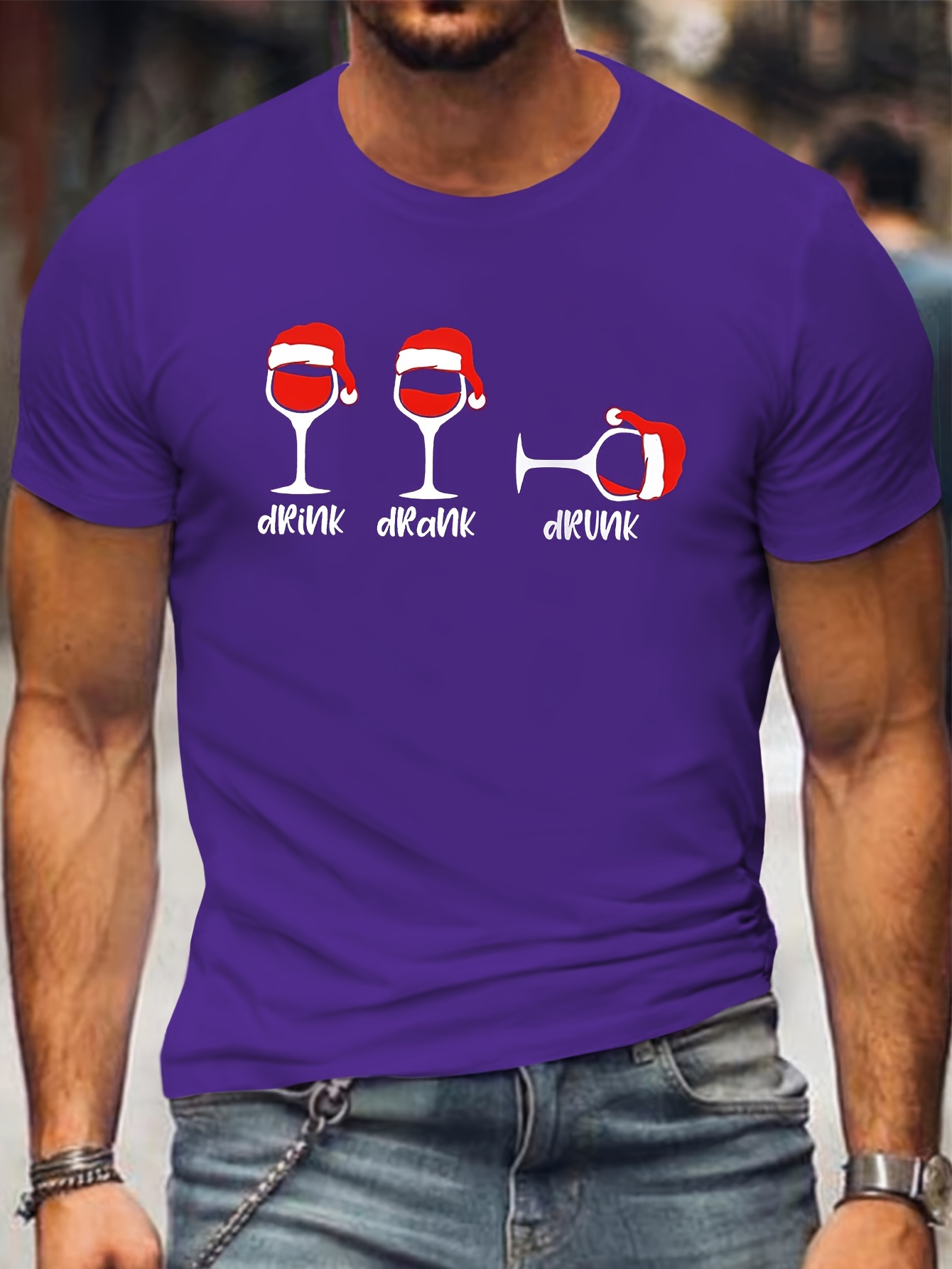 Mens Plus Size Casual Christmas Hat Print T-Shirt - Soft Polyester, Crew Neck, Short Sleeve, Machine Washable - Perfect for Spring/Summer/Fall, Plus Size