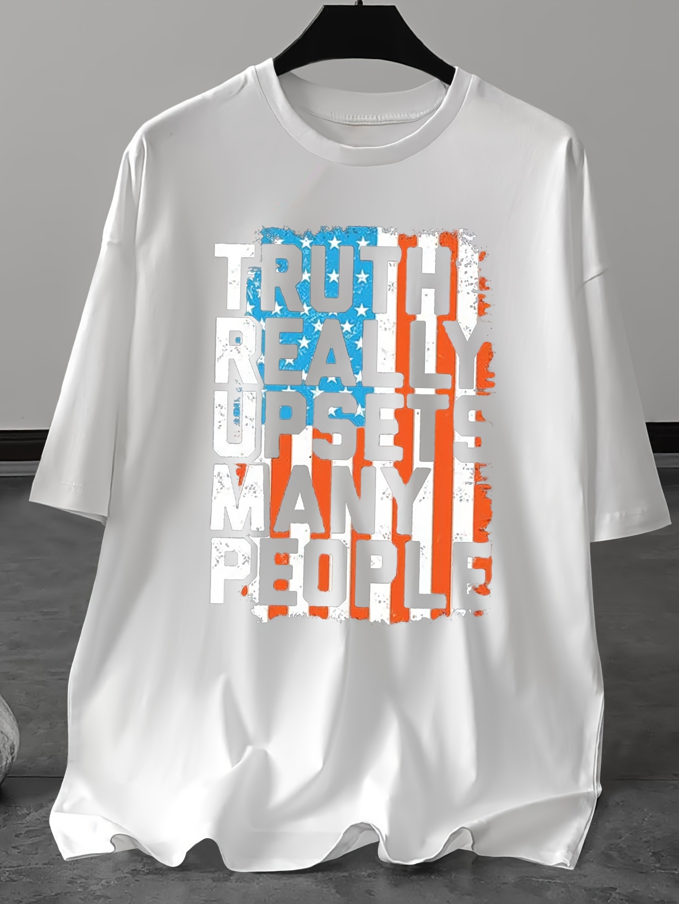 Men's Oversized T-Shirt with Bold Orange & TRUTH REALLY UPSETS MANY PEOPLE Graphic Print - Casual Round Neck Short Sleeve Summer Tee, Plus Size, Machine Washable