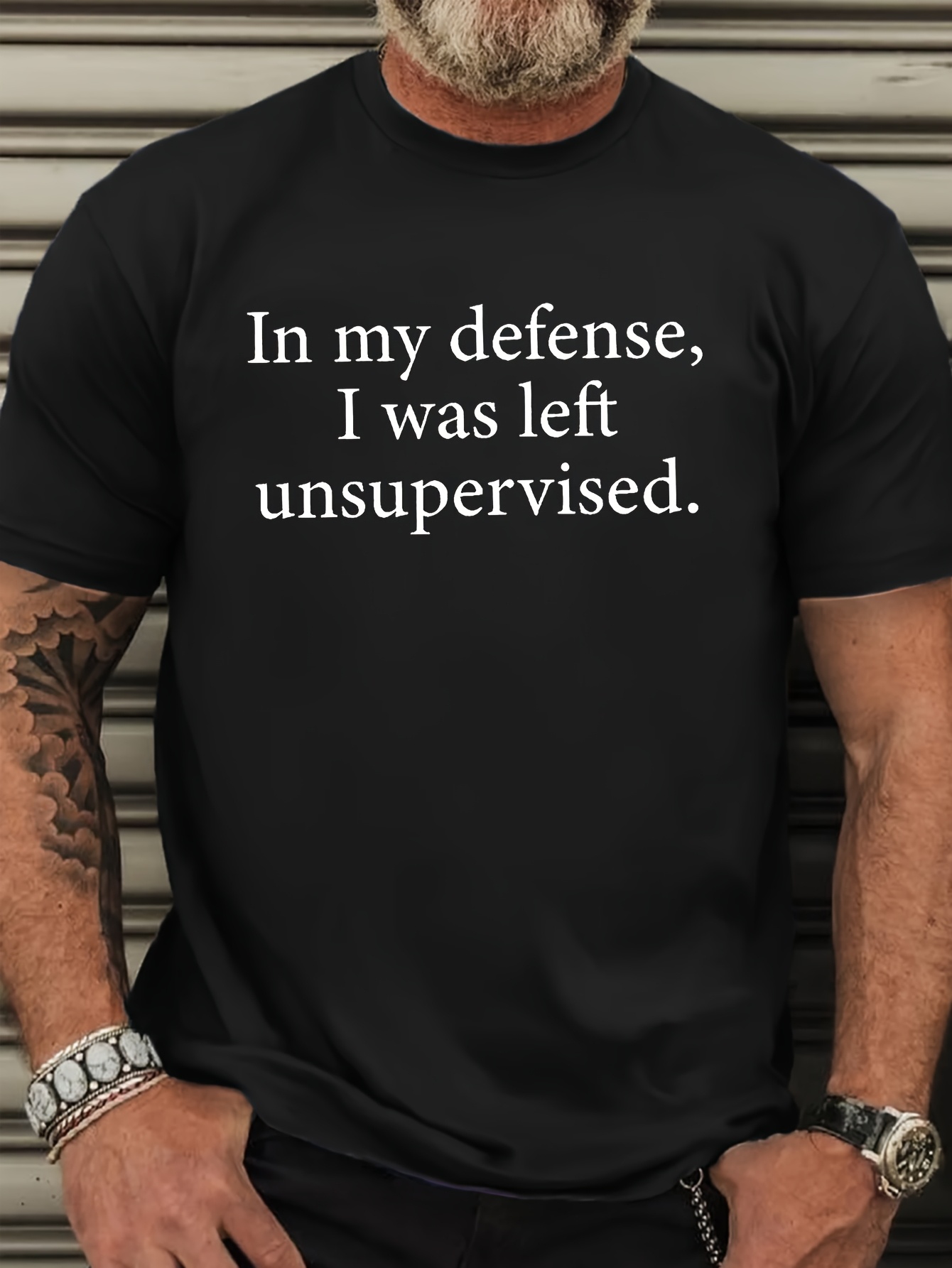Men's Plus Size Casual Crew Neck T-Shirt 'In My Defense, I Was Left Unsupervised' - Summer Knit Polyester Tee with Slight Stretch, Regular Fit, Alphabet Pattern, 180gsm - Adult Top