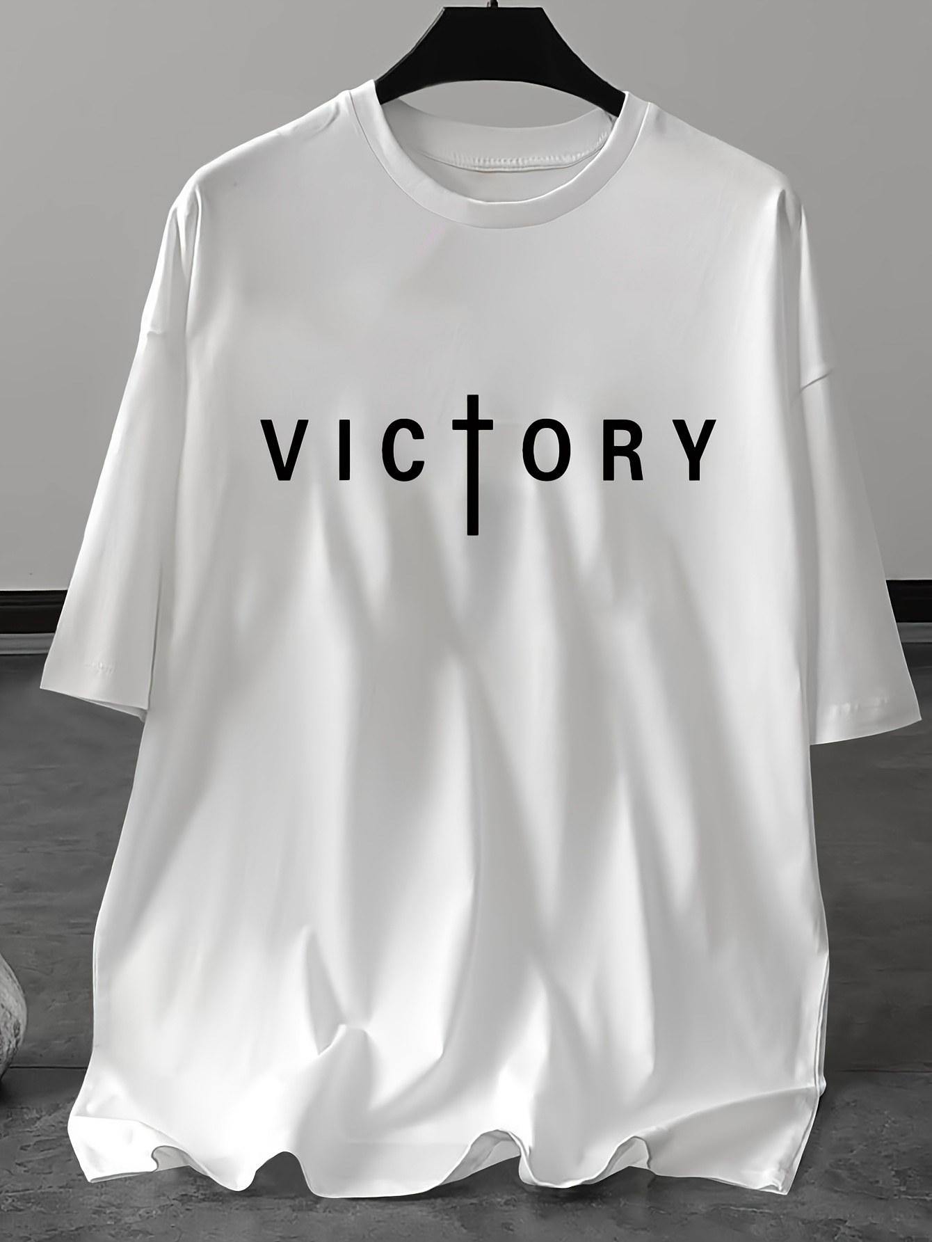 Men's Big & Tall White Oversized Short Sleeve T-Shirt - VICTORY Print & Slogan, Soft Breathable Round Neck Casual & Athletic Tee for Events, Casual Attire, Team Uniforms - Victory Symbol Lettering (Machine Washable), PLUS SIZE