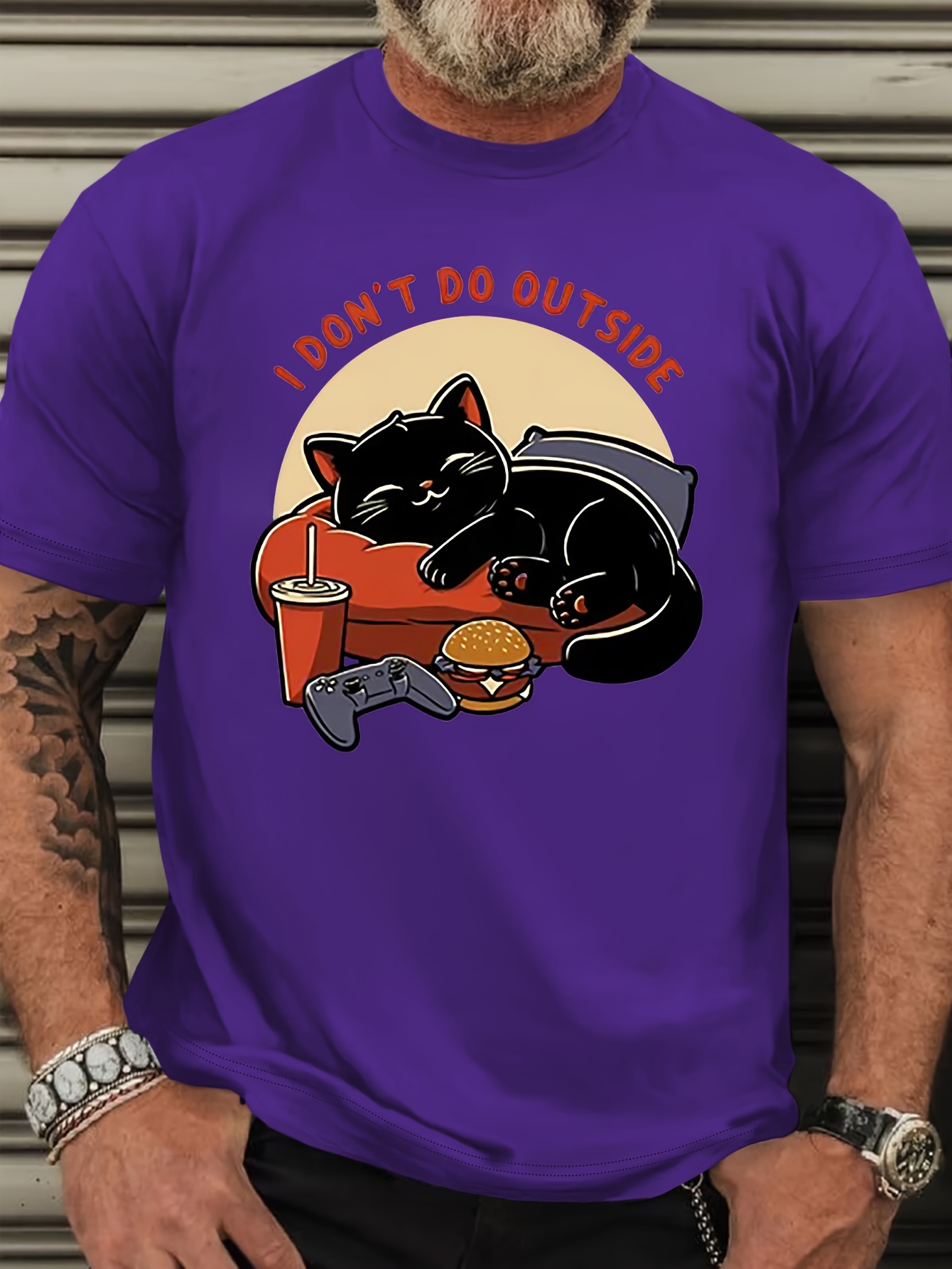 1 don't do outside cute sleeping cat graphic print, men's plus size casual crew neck short sleeve t-shirt, trendy comfy clothing for daily wear & outdoor activities