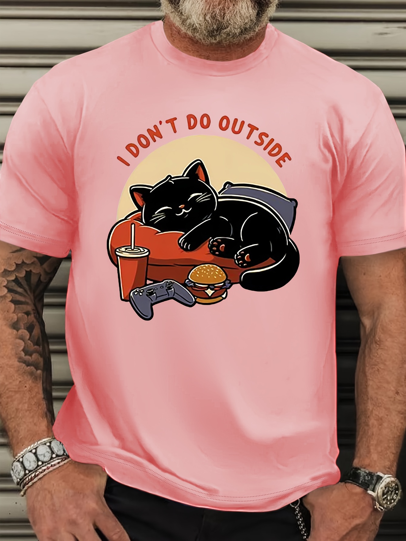 1 don't do outside cute sleeping cat graphic print, men's plus size casual crew neck short sleeve t-shirt, trendy comfy clothing for daily wear & outdoor activities