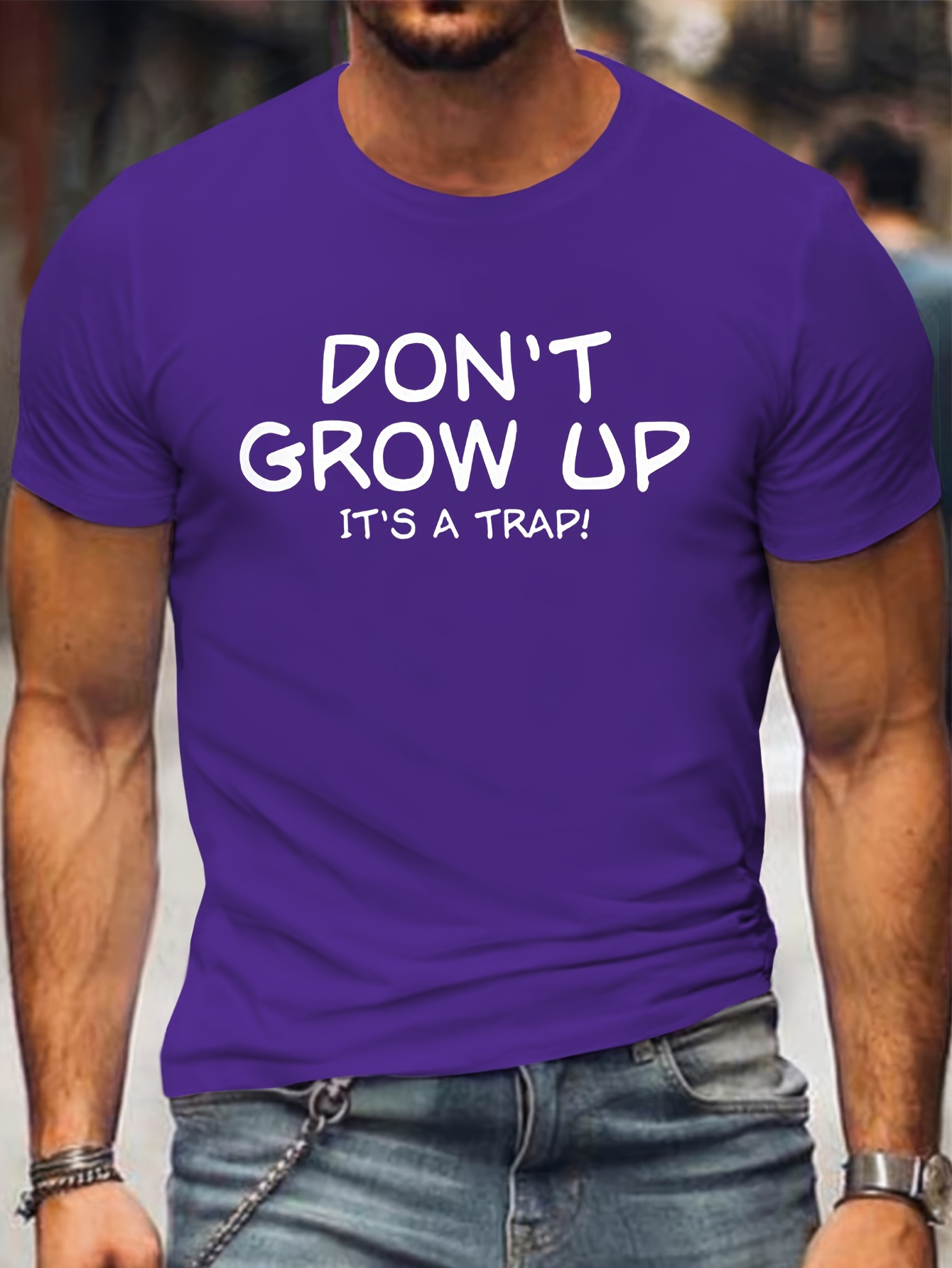 Plus Size Men's 'Don't Grow Up' Slogan T-Shirt - Casual Crew Neck, Short Sleeve, 100% Polyester, Machine Washable - Black with Bold White Lettering for Spring/Summer/Fall, PLUS SIZE