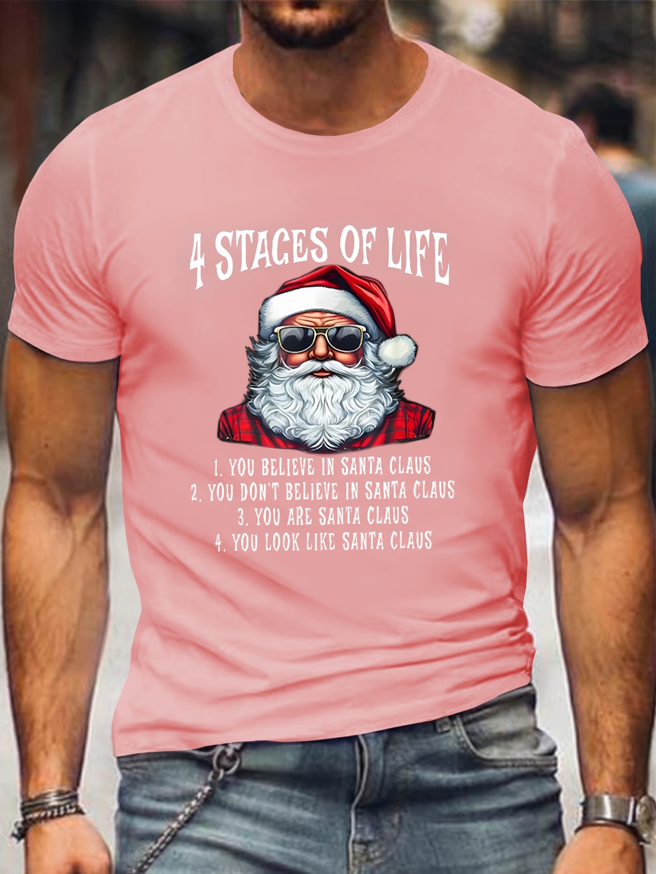 Plus Size Men's Santa Claus And 4 Stages Of Life Print Casual Versatile Short Sleeve T-shirt, Stylish Comfy Tees, Big & Tall