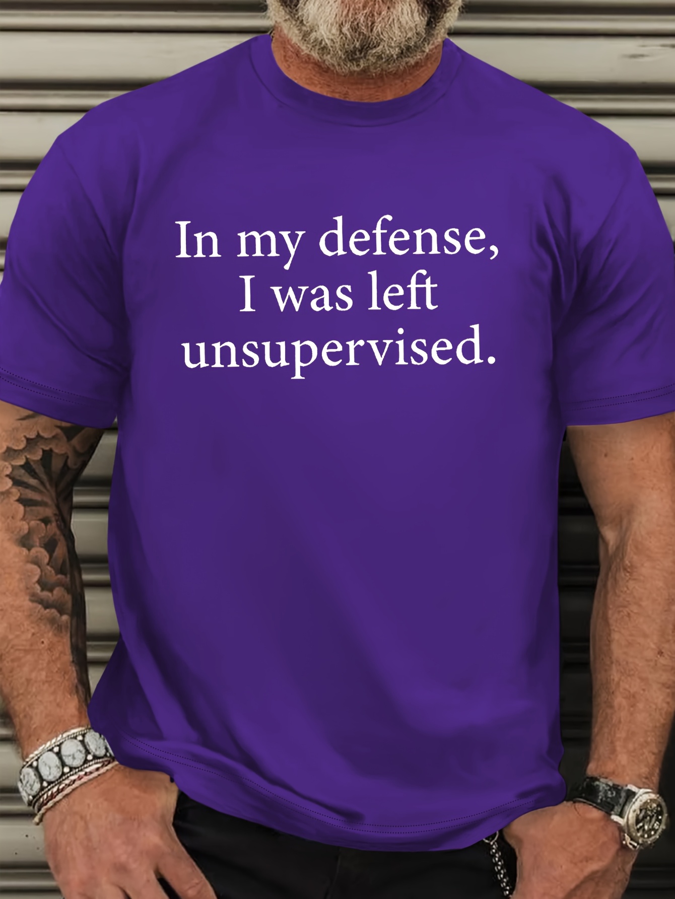 Men's Plus Size Casual Crew Neck T-Shirt 'In My Defense, I Was Left Unsupervised' - Summer Knit Polyester Tee with Slight Stretch, Regular Fit, Alphabet Pattern, 180gsm - Adult Top