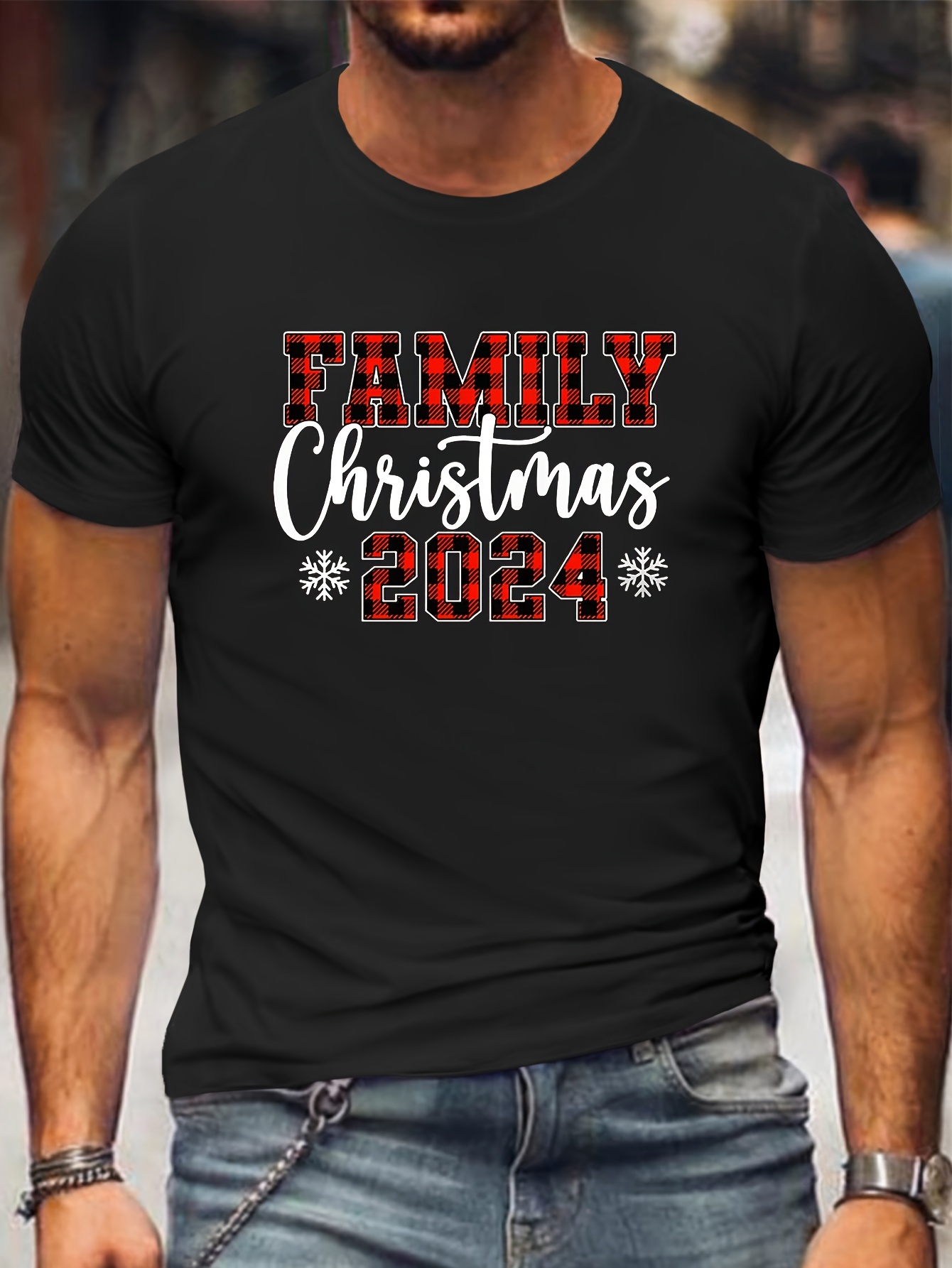 Plus Size Men's Family Christmas 2024 Graphic Print T-shirt, Casual Short Sleeve Crew Neck Tee, Men's Clothing For Summer Outdoor