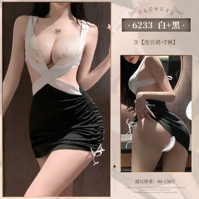 風情萬種深v露胸祕書裝情趣內衣蕾絲性感裸背連衣裙6233