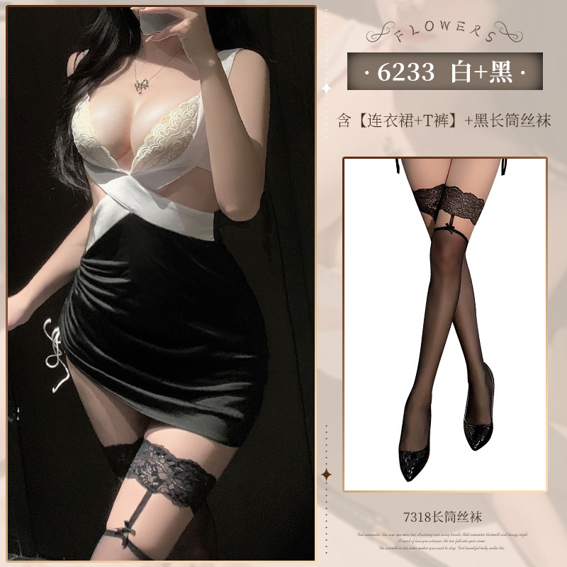 風情萬種深v露胸祕書裝情趣內衣蕾絲性感裸背連衣裙6233